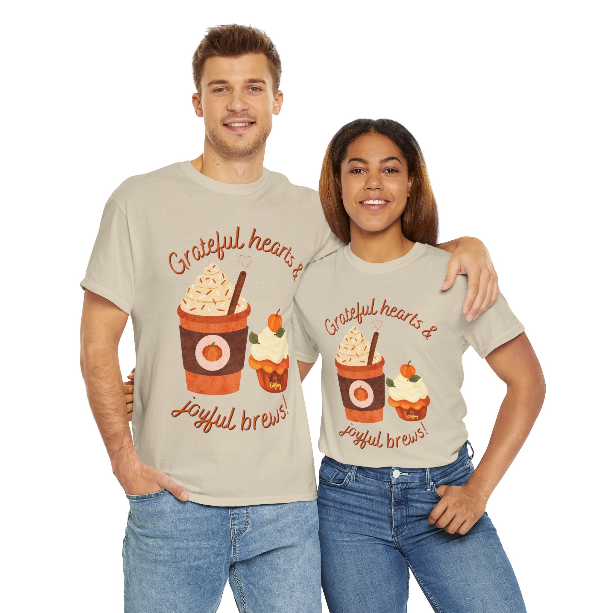 Happy Thanksgiving- Grateful Hearts & Joyful Brews Tee, Unisex Cotton Shirt, Coffee Lovers Gift, Casual Wear, Cute Tee for Celebrations, Fall Fashion
