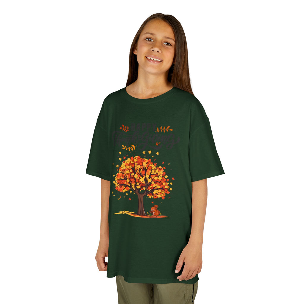 Happy Thanksgiving Kids Tee, Fall T-Shirt, Autumn Apparel, Festive Gift, Holiday Outfit, Tree and Leaves Design