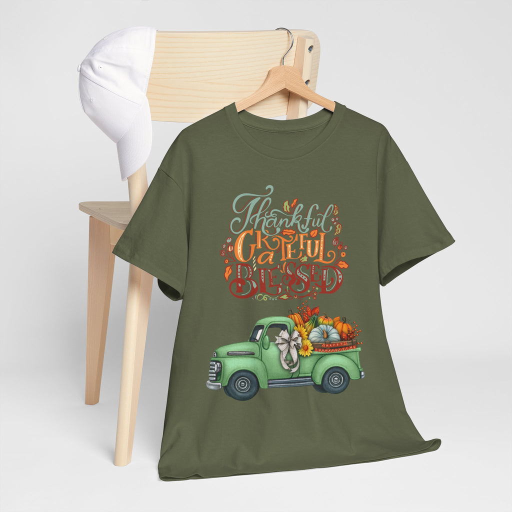 Thankful Grateful Blessed Tee, Unisex Heavy Cotton T-Shirt, Fall Apparel, Thanksgiving Shirt, Casual Wear, Gift for Friends