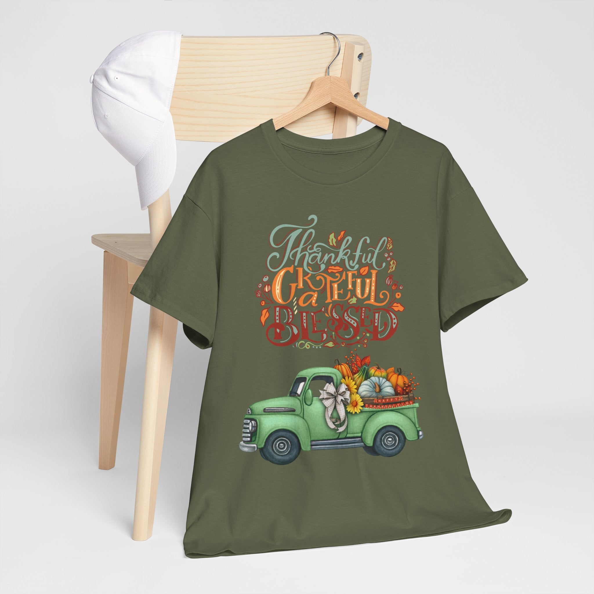 Thankful Grateful Blessed Tee, Unisex Heavy Cotton T-Shirt, Fall Apparel, Thanksgiving Shirt, Casual Wear, Gift for Friends