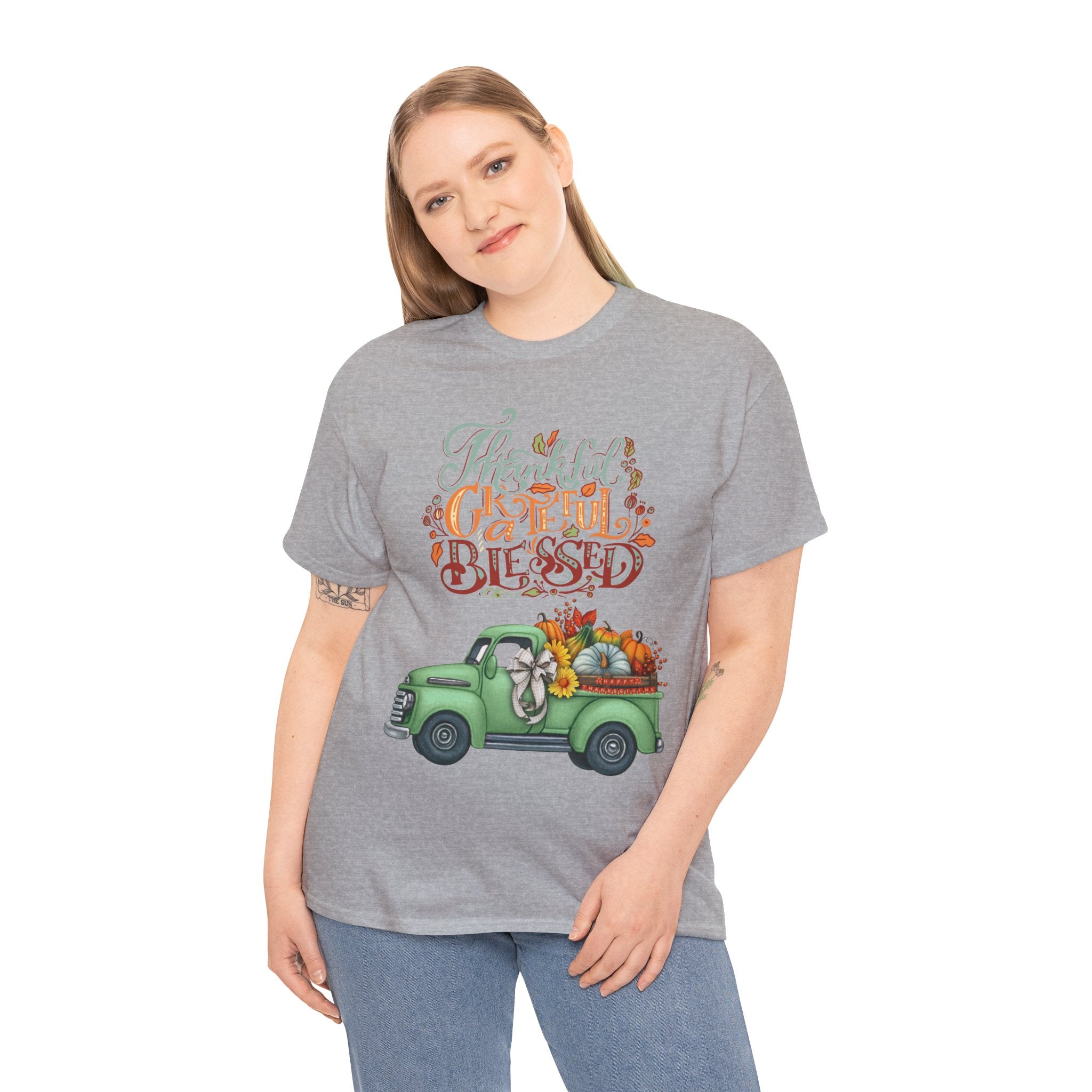 Thankful Grateful Blessed Tee, Unisex Heavy Cotton T-Shirt, Fall Apparel, Thanksgiving Shirt, Casual Wear, Gift for Friends