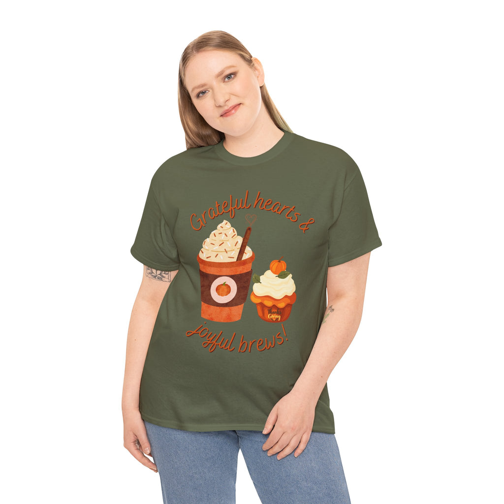 Happy Thanksgiving- Grateful Hearts & Joyful Brews Tee, Unisex Cotton Shirt, Coffee Lovers Gift, Casual Wear, Cute Tee for Celebrations, Fall Fashion