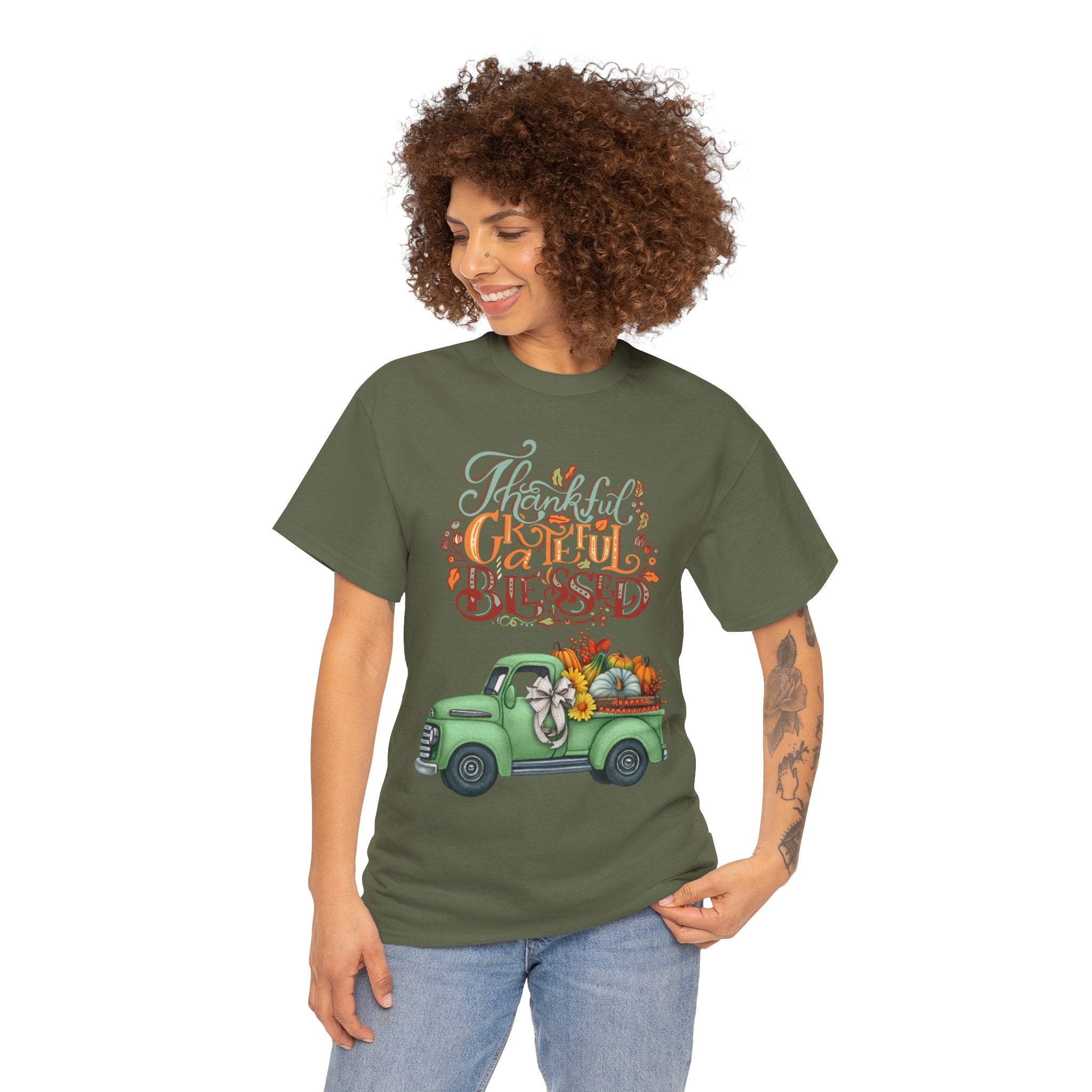 Thankful Grateful Blessed Tee, Unisex Heavy Cotton T-Shirt, Fall Apparel, Thanksgiving Shirt, Casual Wear, Gift for Friends