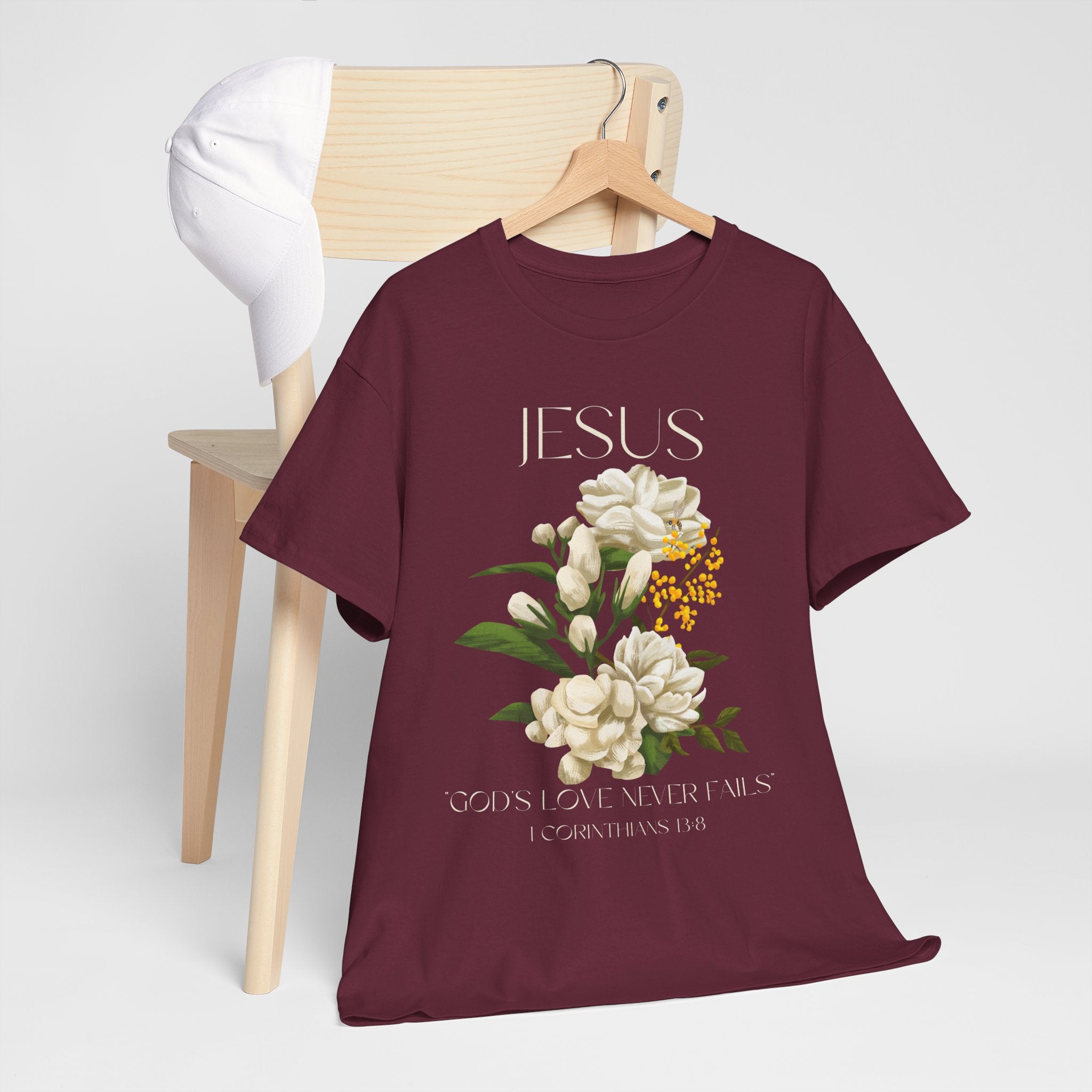 Floral Jesus-God's love never fails- Graphic Tee | Unisex Cotton T-Shirt for Faith & Inspiration, Ideal for Gifts, Casual Wear, Church Events, and Celebrations