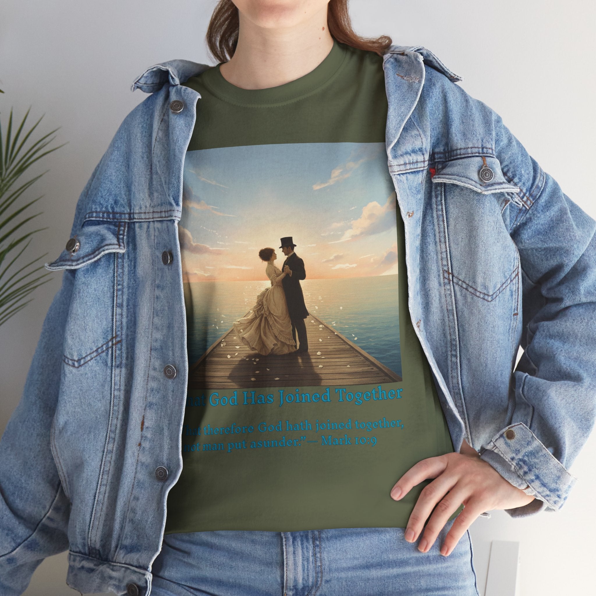 Romantic couple on a pier at sunset — inspired by Jack Vettriano-Wedding Quote T-Shirt, Unisex Heavy Cotton Tee, Casual Wear, Gift for Newlyweds, Bride & Groom Apparel, Anniversary Gift