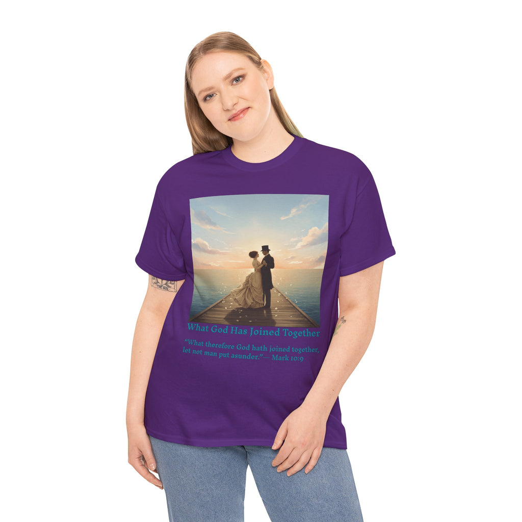 Romantic couple on a pier at sunset — inspired by Jack Vettriano-Wedding Quote T-Shirt, Unisex Heavy Cotton Tee, Casual Wear, Gift for Newlyweds, Bride & Groom Apparel, Anniversary Gift