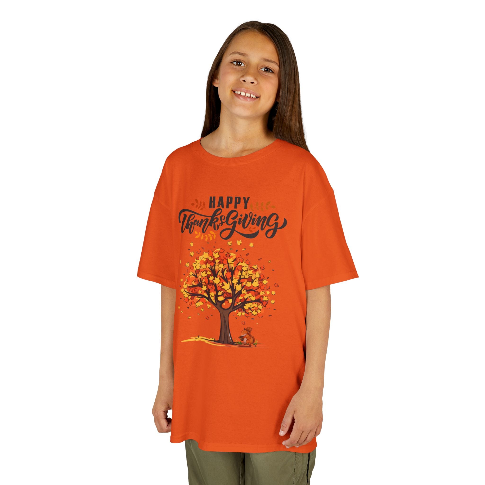 Happy Thanksgiving Kids Tee, Fall T-Shirt, Autumn Apparel, Festive Gift, Holiday Outfit, Tree and Leaves Design