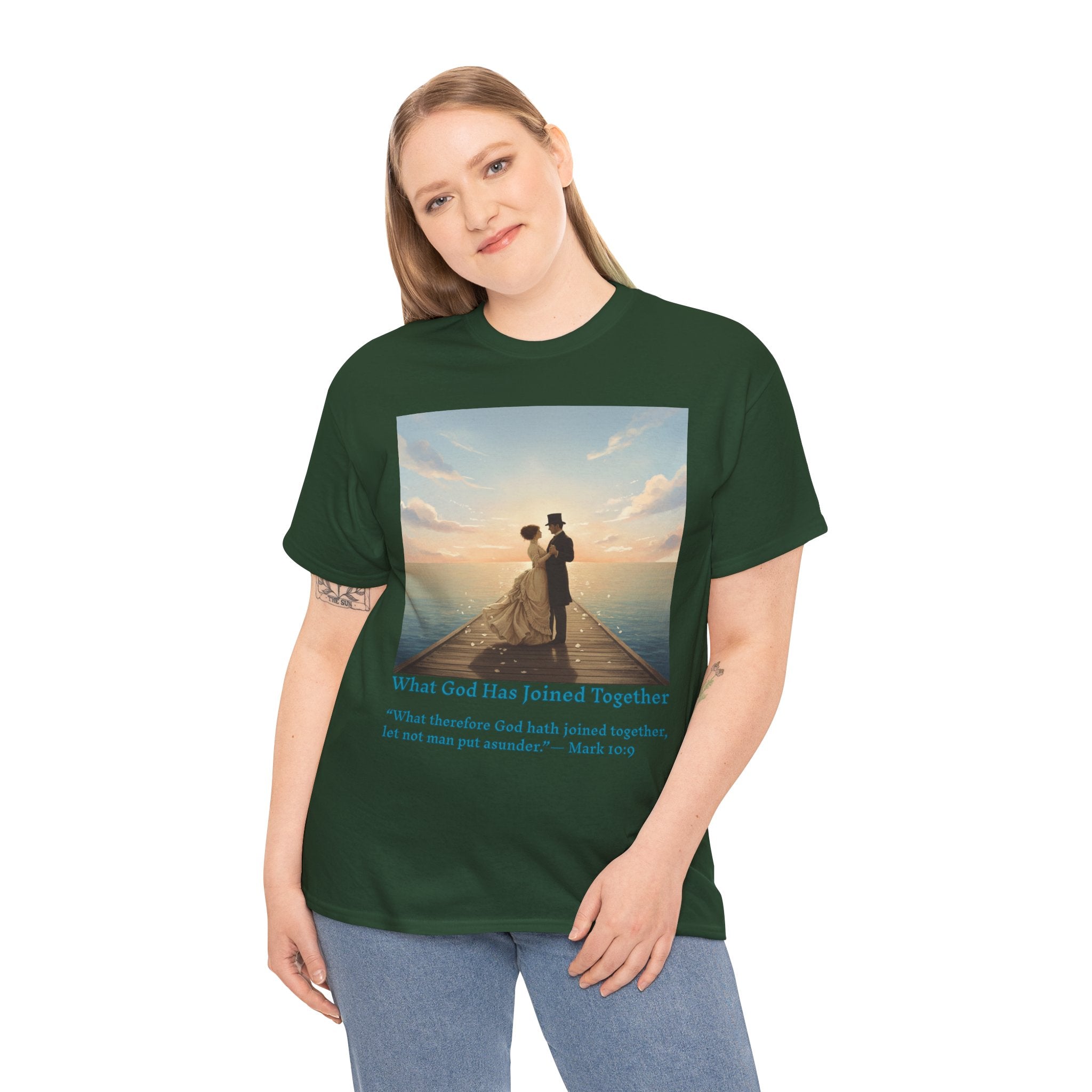 Romantic couple on a pier at sunset — inspired by Jack Vettriano-Wedding Quote T-Shirt, Unisex Heavy Cotton Tee, Casual Wear, Gift for Newlyweds, Bride & Groom Apparel, Anniversary Gift