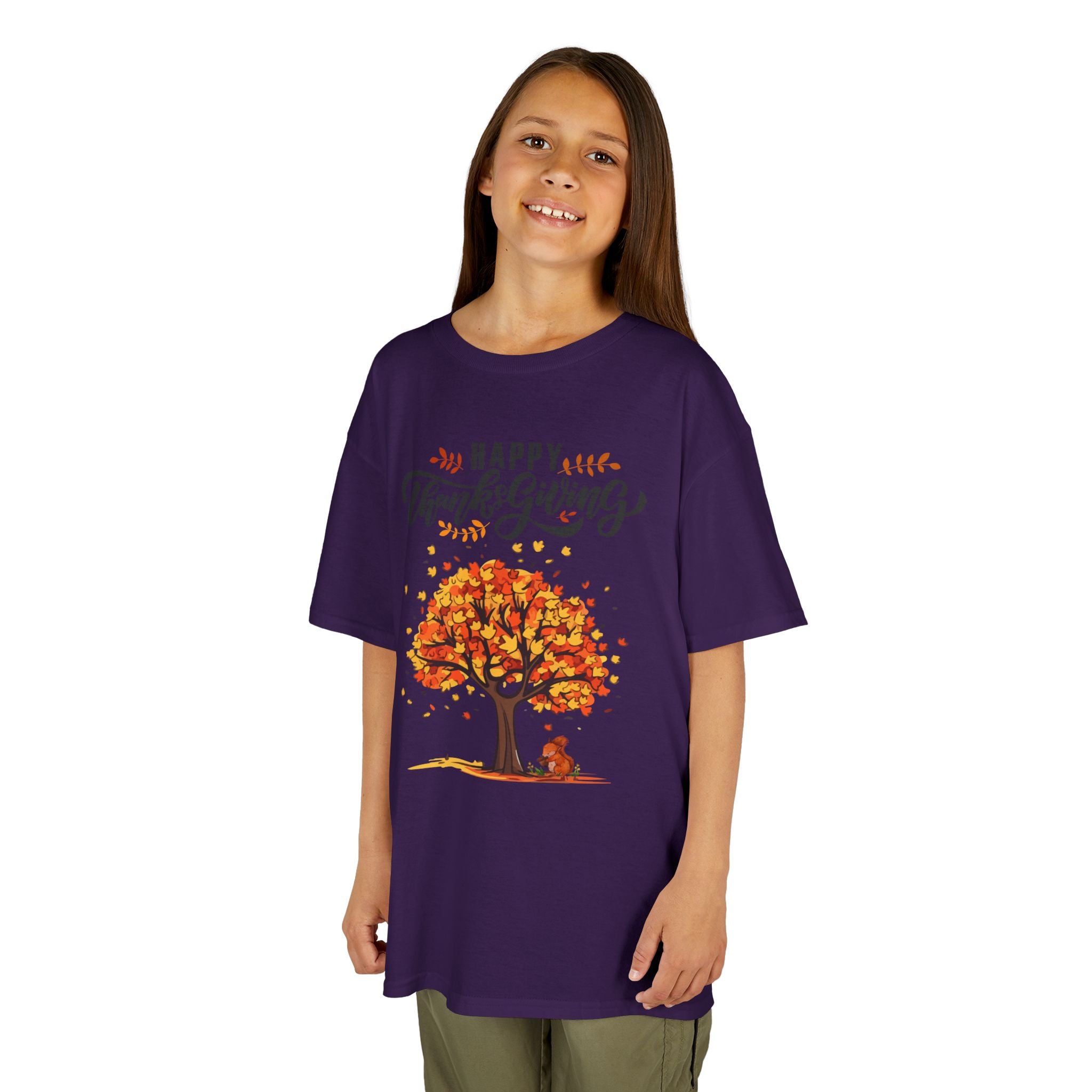 Happy Thanksgiving Kids Tee, Fall T-Shirt, Autumn Apparel, Festive Gift, Holiday Outfit, Tree and Leaves Design