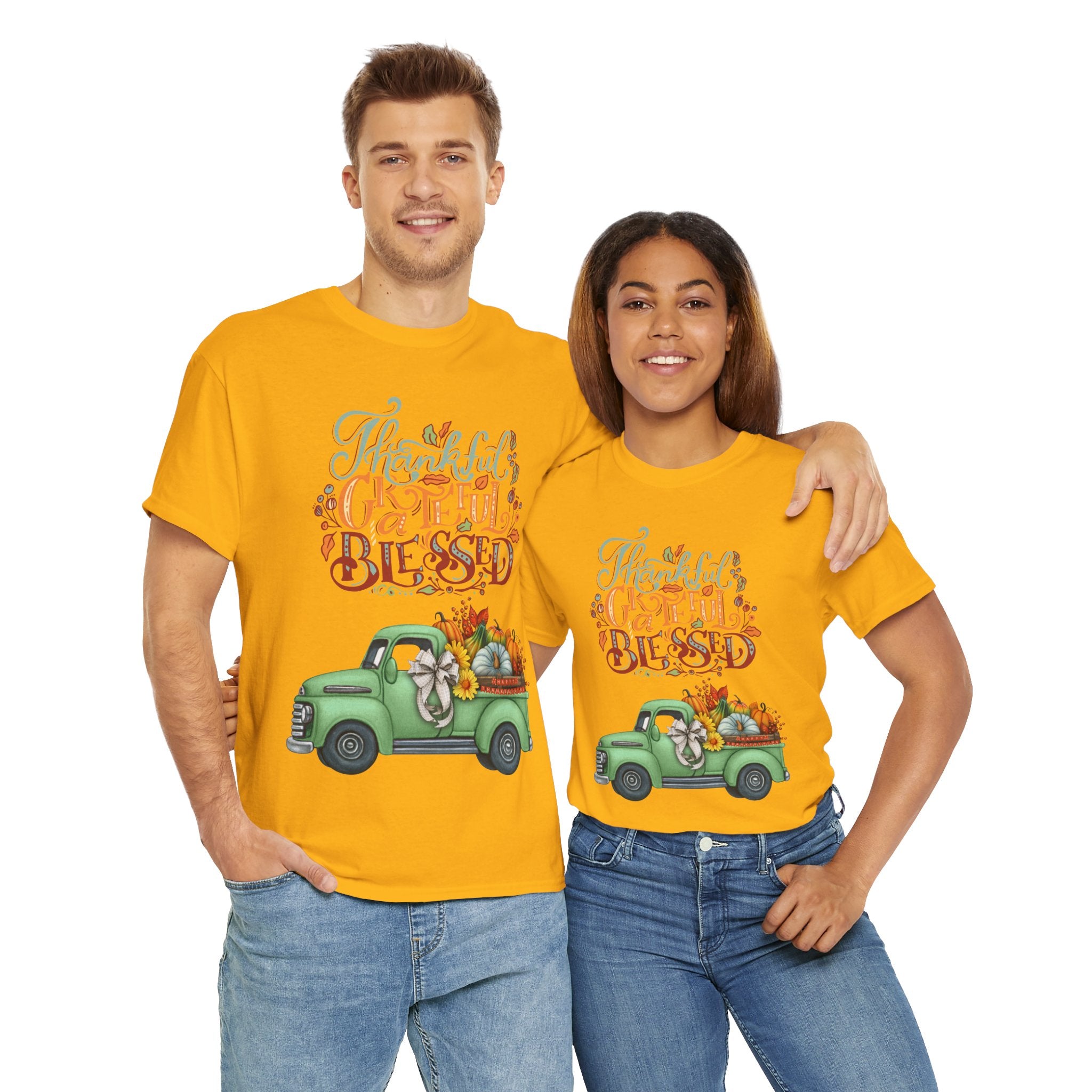 Thankful Grateful Blessed Tee, Unisex Heavy Cotton T-Shirt, Fall Apparel, Thanksgiving Shirt, Casual Wear, Gift for Friends