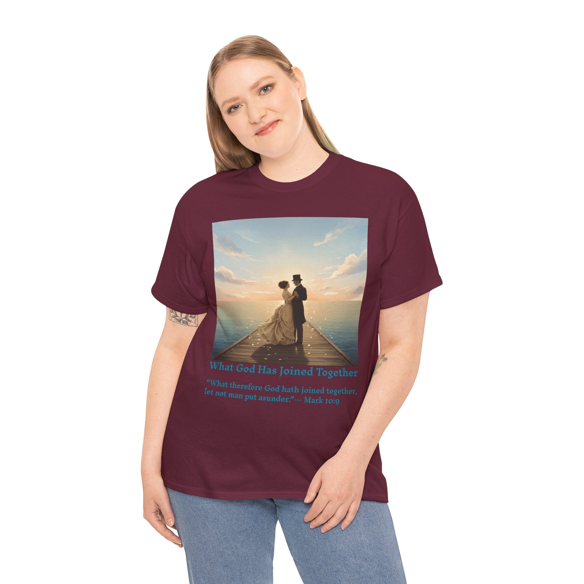 Romantic couple on a pier at sunset — inspired by Jack Vettriano-Wedding Quote T-Shirt, Unisex Heavy Cotton Tee, Casual Wear, Gift for Newlyweds, Bride & Groom Apparel, Anniversary Gift
