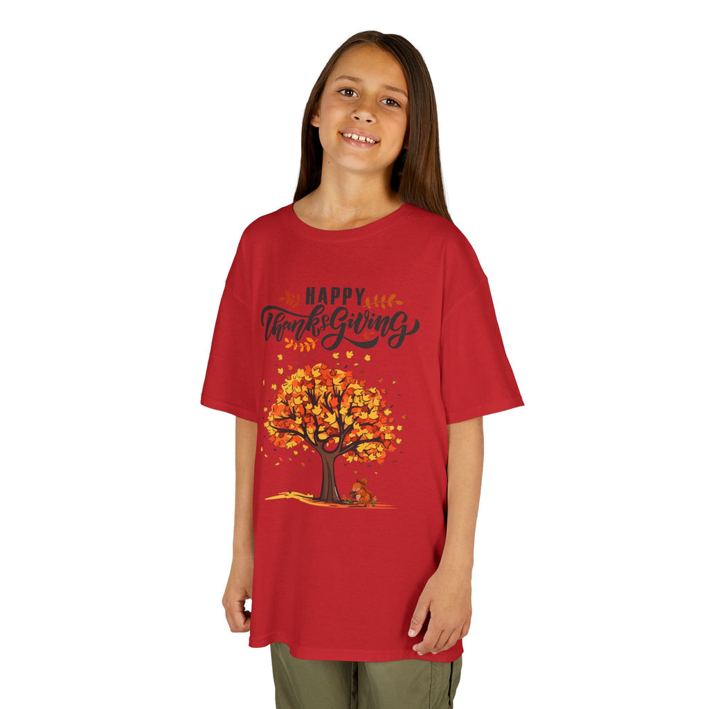 Happy Thanksgiving Kids Tee, Fall T-Shirt, Autumn Apparel, Festive Gift, Holiday Outfit, Tree and Leaves Design