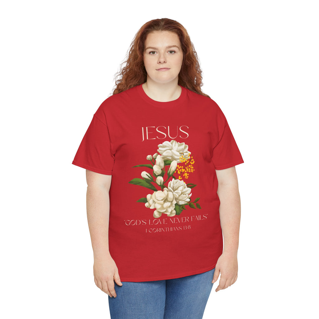 Floral Jesus-God's love never fails- Graphic Tee | Unisex Cotton T-Shirt for Faith & Inspiration, Ideal for Gifts, Casual Wear, Church Events, and Celebrations