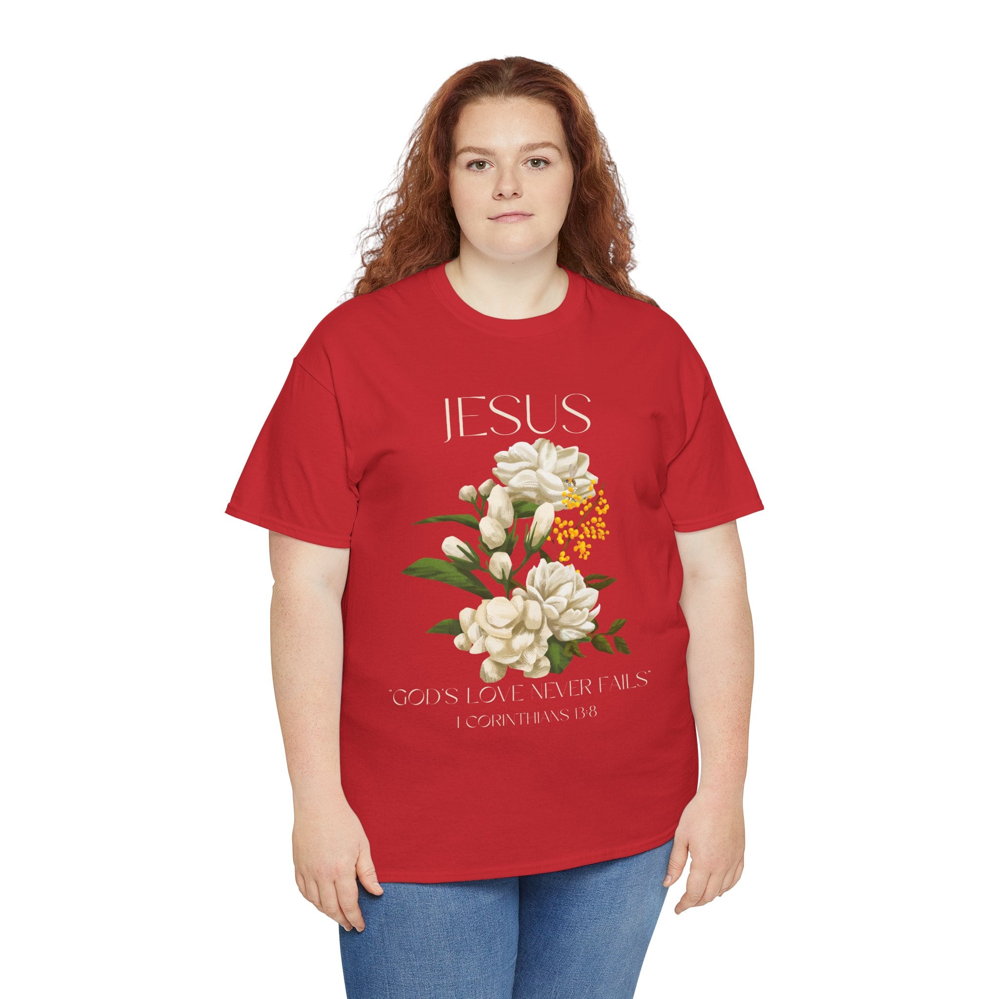 Floral Jesus-God's love never fails- Graphic Tee | Unisex Cotton T-Shirt for Faith & Inspiration, Ideal for Gifts, Casual Wear, Church Events, and Celebrations