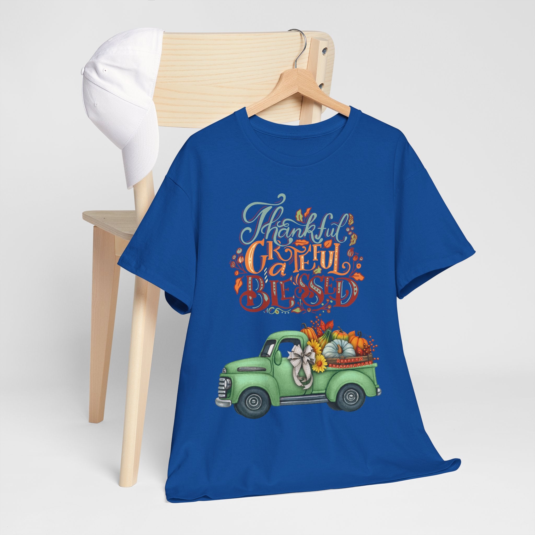 Thankful Grateful Blessed Tee, Unisex Heavy Cotton T-Shirt, Fall Apparel, Thanksgiving Shirt, Casual Wear, Gift for Friends