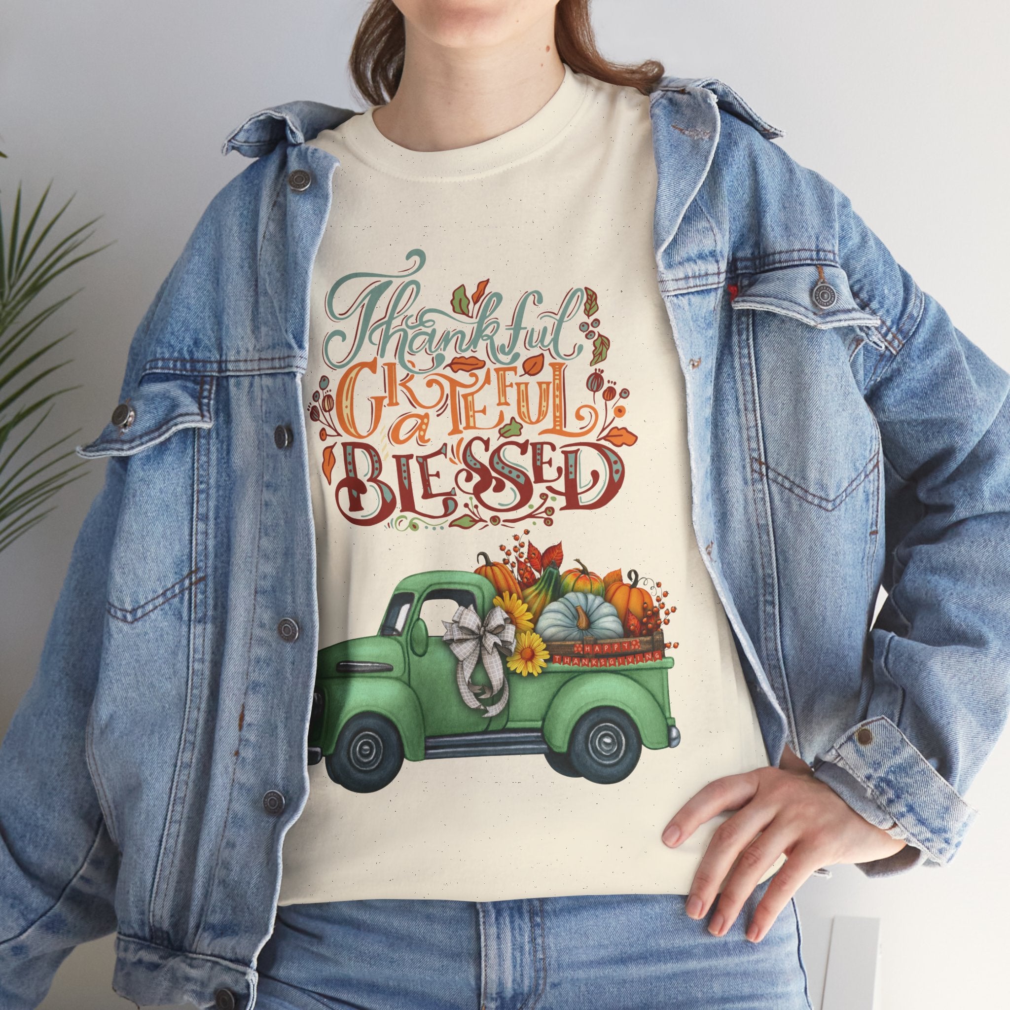 Thankful Grateful Blessed Tee, Unisex Heavy Cotton T-Shirt, Fall Apparel, Thanksgiving Shirt, Casual Wear, Gift for Friends