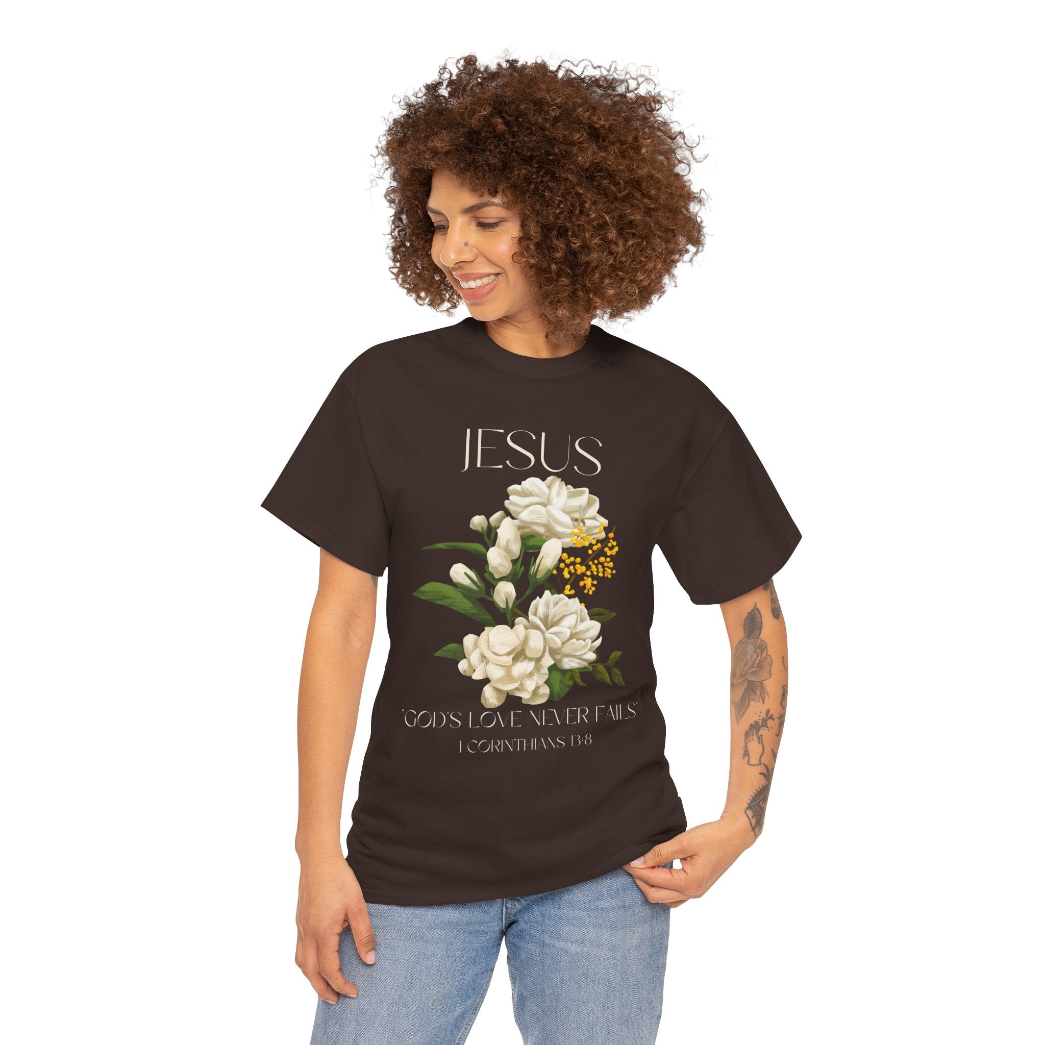 Floral Jesus-God's love never fails- Graphic Tee | Unisex Cotton T-Shirt for Faith & Inspiration, Ideal for Gifts, Casual Wear, Church Events, and Celebrations