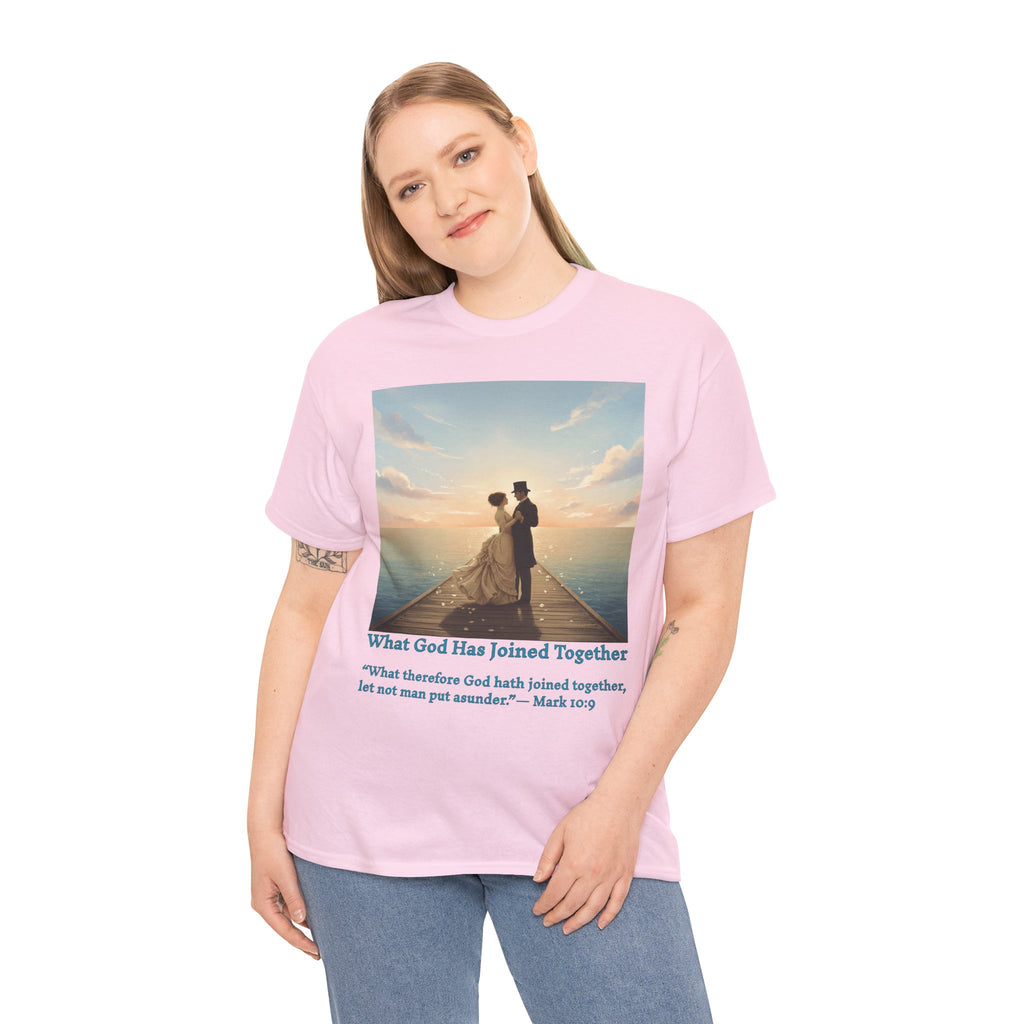 Romantic couple on a pier at sunset — inspired by Jack Vettriano-Wedding Quote T-Shirt, Unisex Heavy Cotton Tee, Casual Wear, Gift for Newlyweds, Bride & Groom Apparel, Anniversary Gift