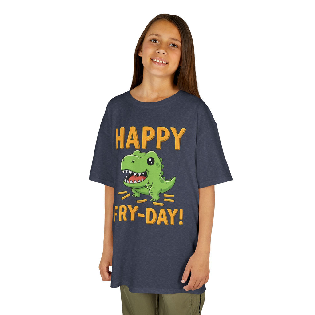 Happy Fry-Day Kids Tee, Fun Dinosaur T-Shirt, Kids Cotton Shirt, Birthday Gift, Everyday Wear, Summer Fun, Playful Tee