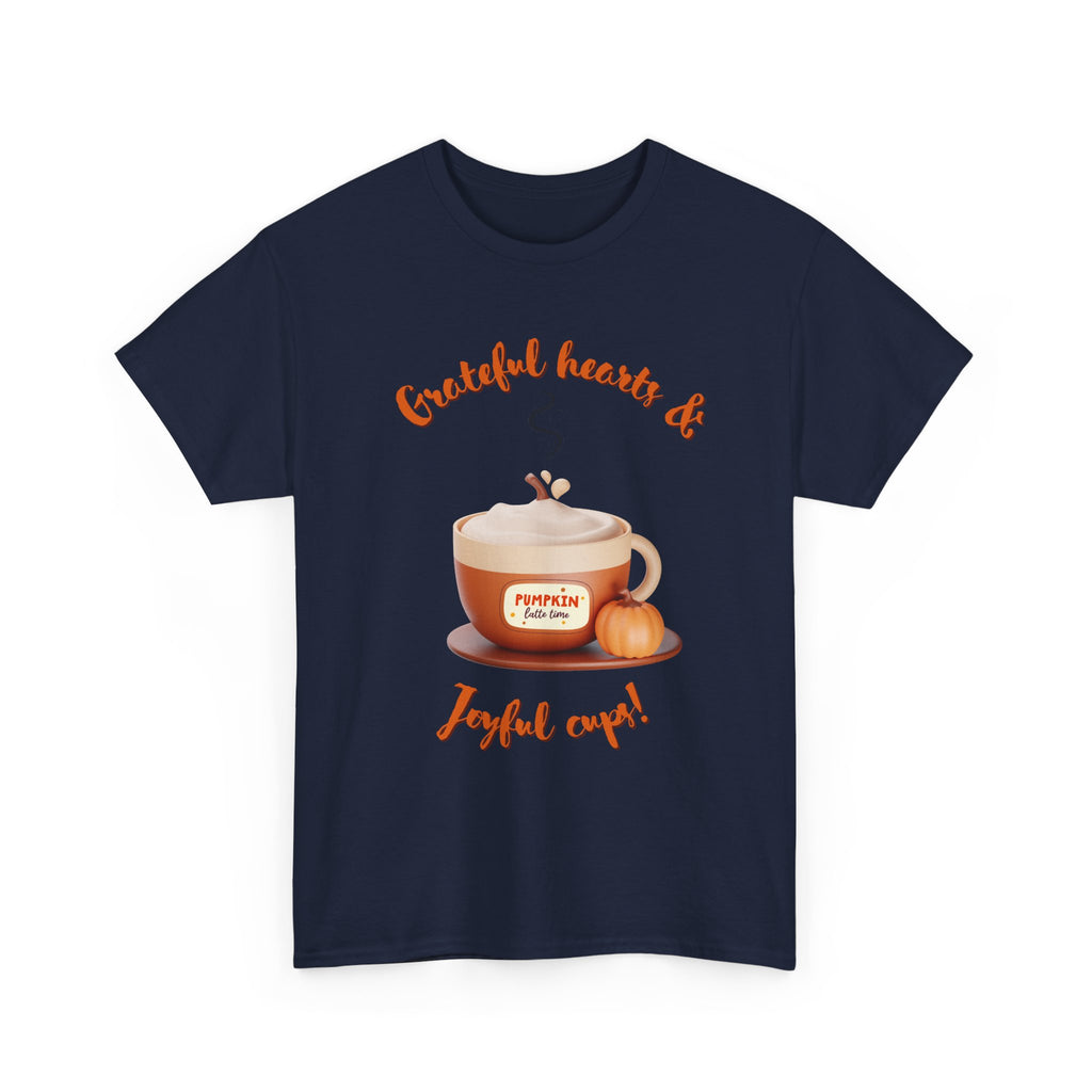 Happy Thanksgiving- Grateful Hearts & Joyful Cups Unisex Tee, Cozy Fall T-Shirt, Thanksgiving Gift, Coffee Lover Apparel, Autumn Fashion