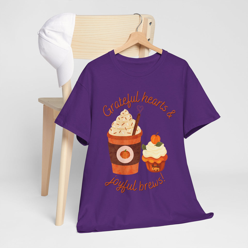Happy Thanksgiving- Grateful Hearts & Joyful Brews Tee, Unisex Cotton Shirt, Coffee Lovers Gift, Casual Wear, Cute Tee for Celebrations, Fall Fashion