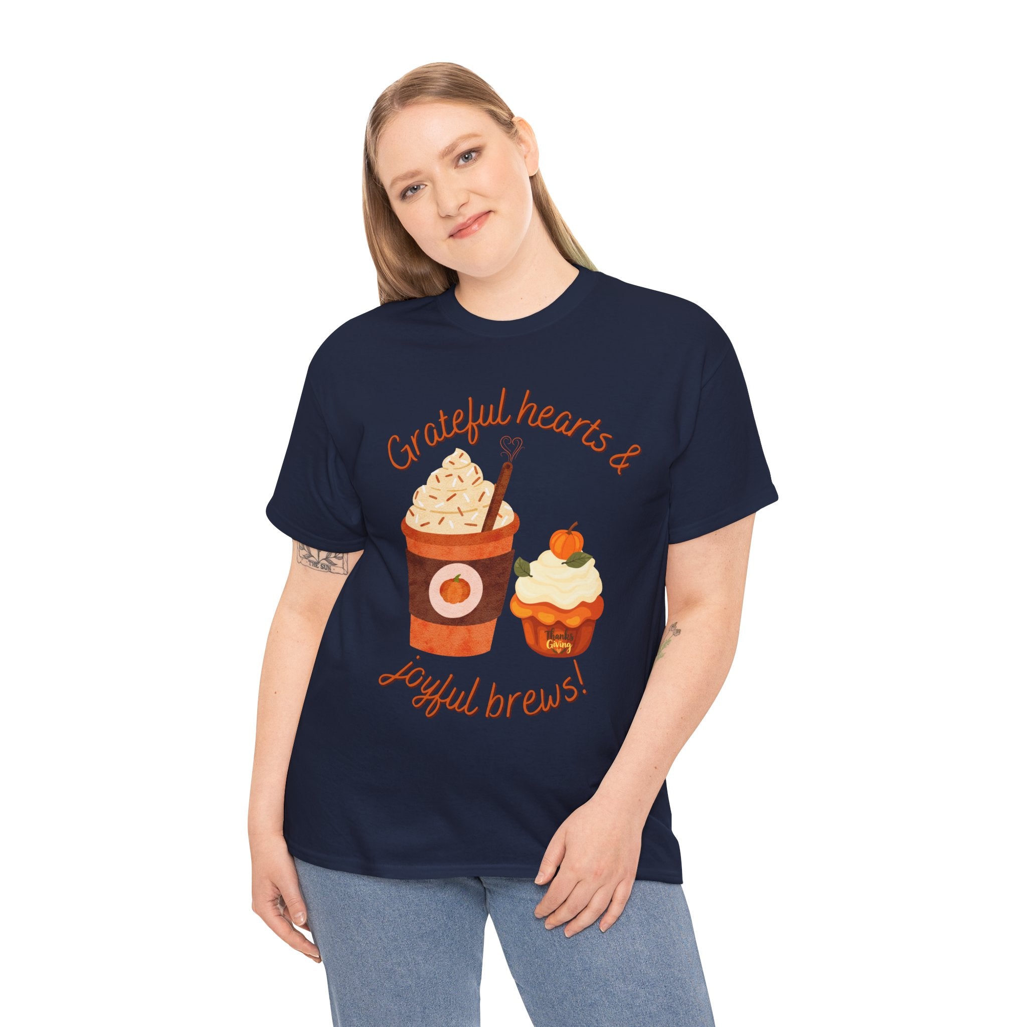 Happy Thanksgiving- Grateful Hearts & Joyful Brews Tee, Unisex Cotton Shirt, Coffee Lovers Gift, Casual Wear, Cute Tee for Celebrations, Fall Fashion