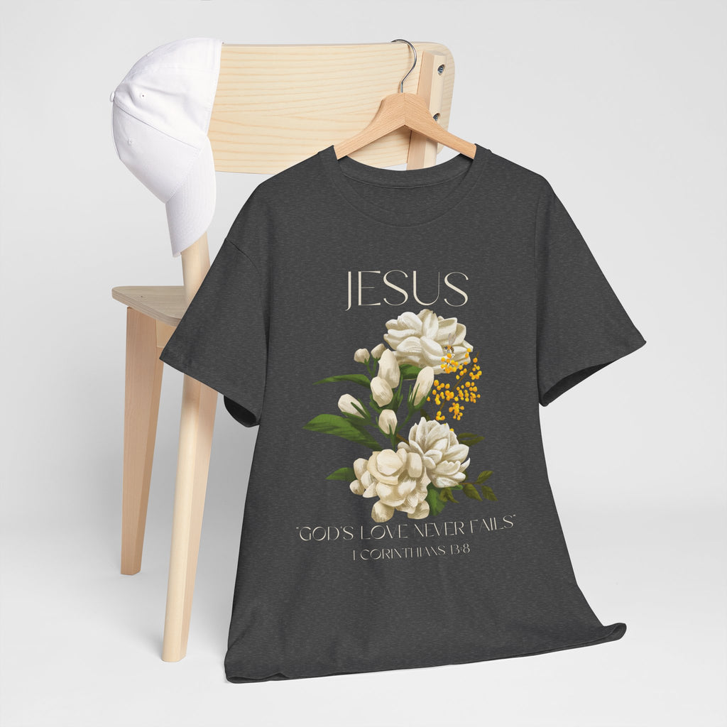 Floral Jesus-God's love never fails- Graphic Tee | Unisex Cotton T-Shirt for Faith & Inspiration, Ideal for Gifts, Casual Wear, Church Events, and Celebrations