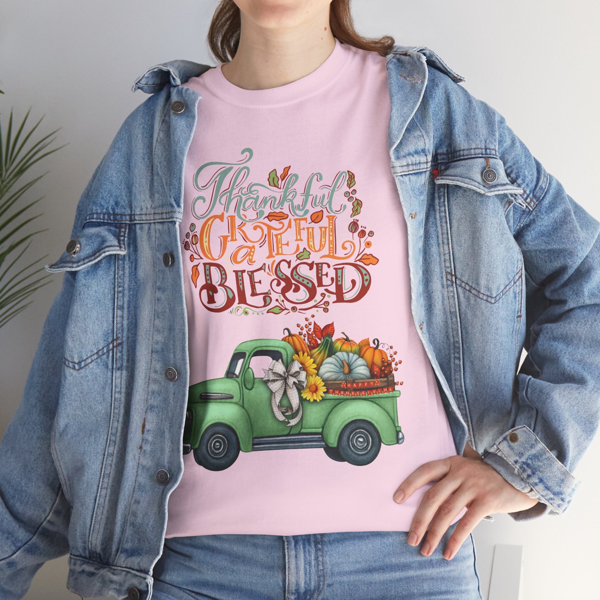 Thankful Grateful Blessed Tee, Unisex Heavy Cotton T-Shirt, Fall Apparel, Thanksgiving Shirt, Casual Wear, Gift for Friends