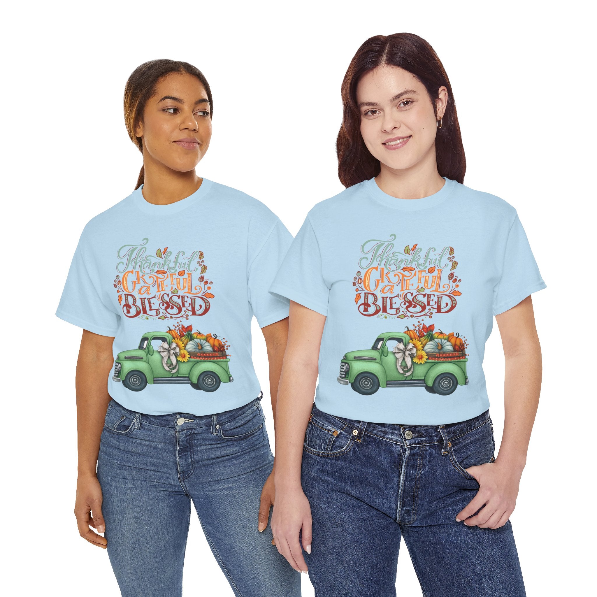 Thankful Grateful Blessed Tee, Unisex Heavy Cotton T-Shirt, Fall Apparel, Thanksgiving Shirt, Casual Wear, Gift for Friends