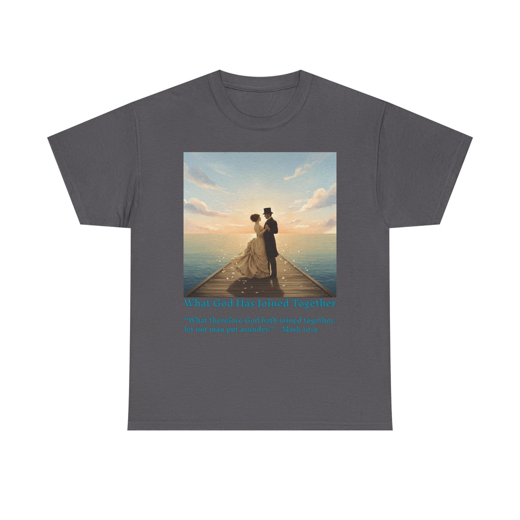 Romantic couple on a pier at sunset — inspired by Jack Vettriano-Wedding Quote T-Shirt, Unisex Heavy Cotton Tee, Casual Wear, Gift for Newlyweds, Bride & Groom Apparel, Anniversary Gift
