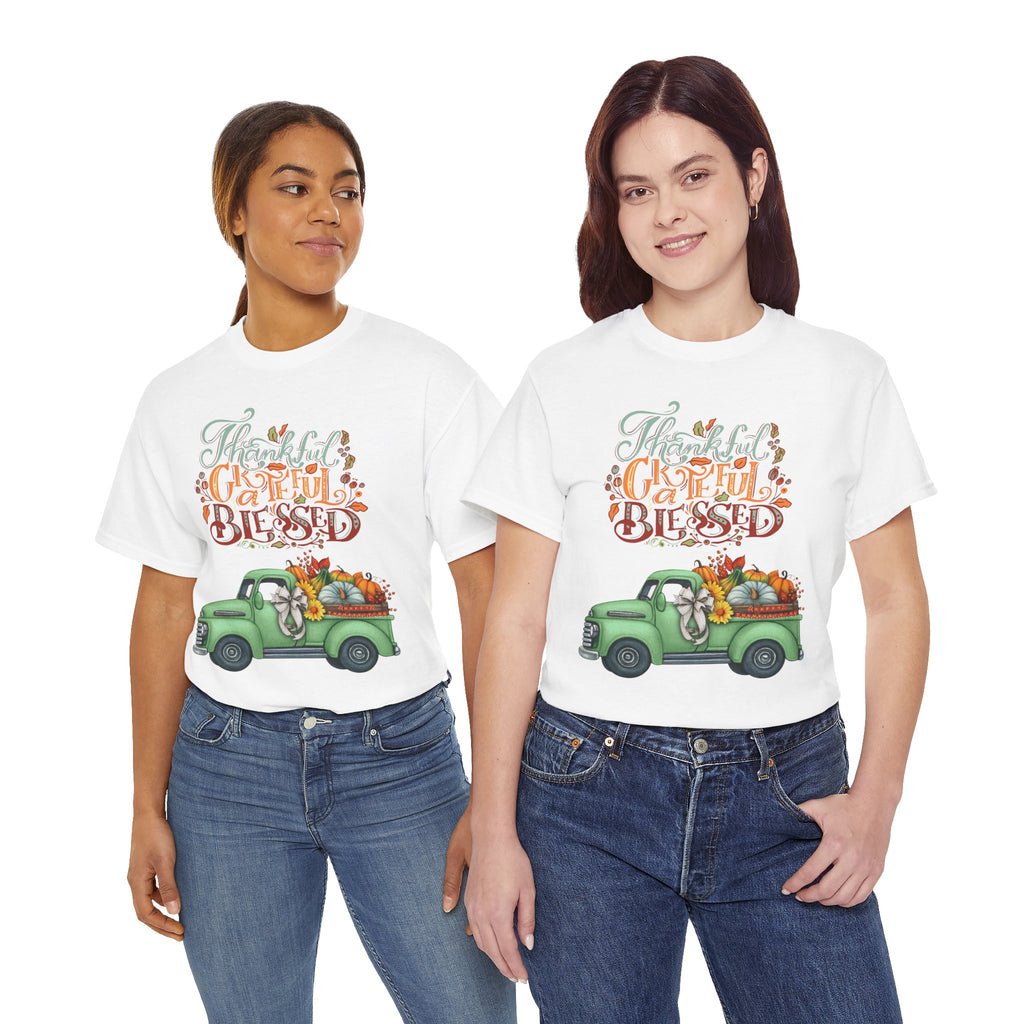 Thankful Grateful Blessed Tee, Unisex Heavy Cotton T-Shirt, Fall Apparel, Thanksgiving Shirt, Casual Wear, Gift for Friends