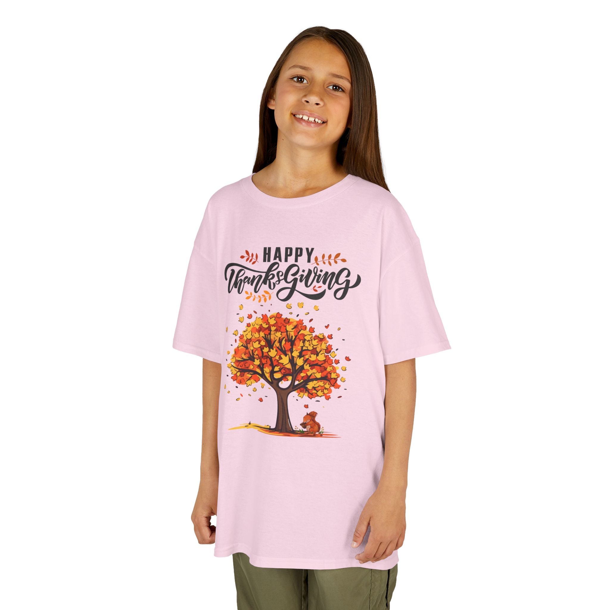 Happy Thanksgiving Kids Tee, Fall T-Shirt, Autumn Apparel, Festive Gift, Holiday Outfit, Tree and Leaves Design