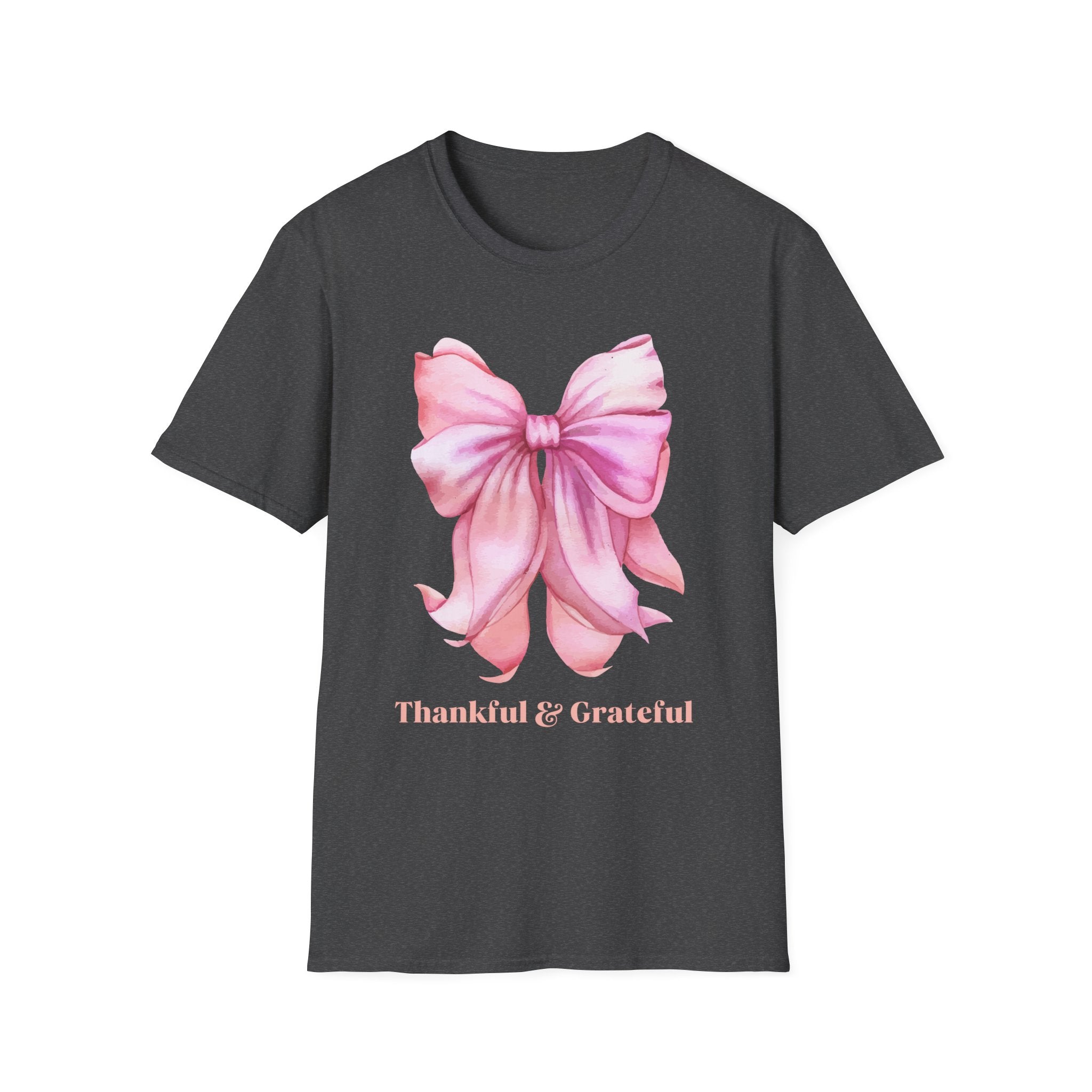 Thankful & Grateful Bow T-Shirt, Unisex Softstyle Tee, Thanksgiving Gift, Fall Apparel, Cute Casual Wear, Gratitude Shirt
