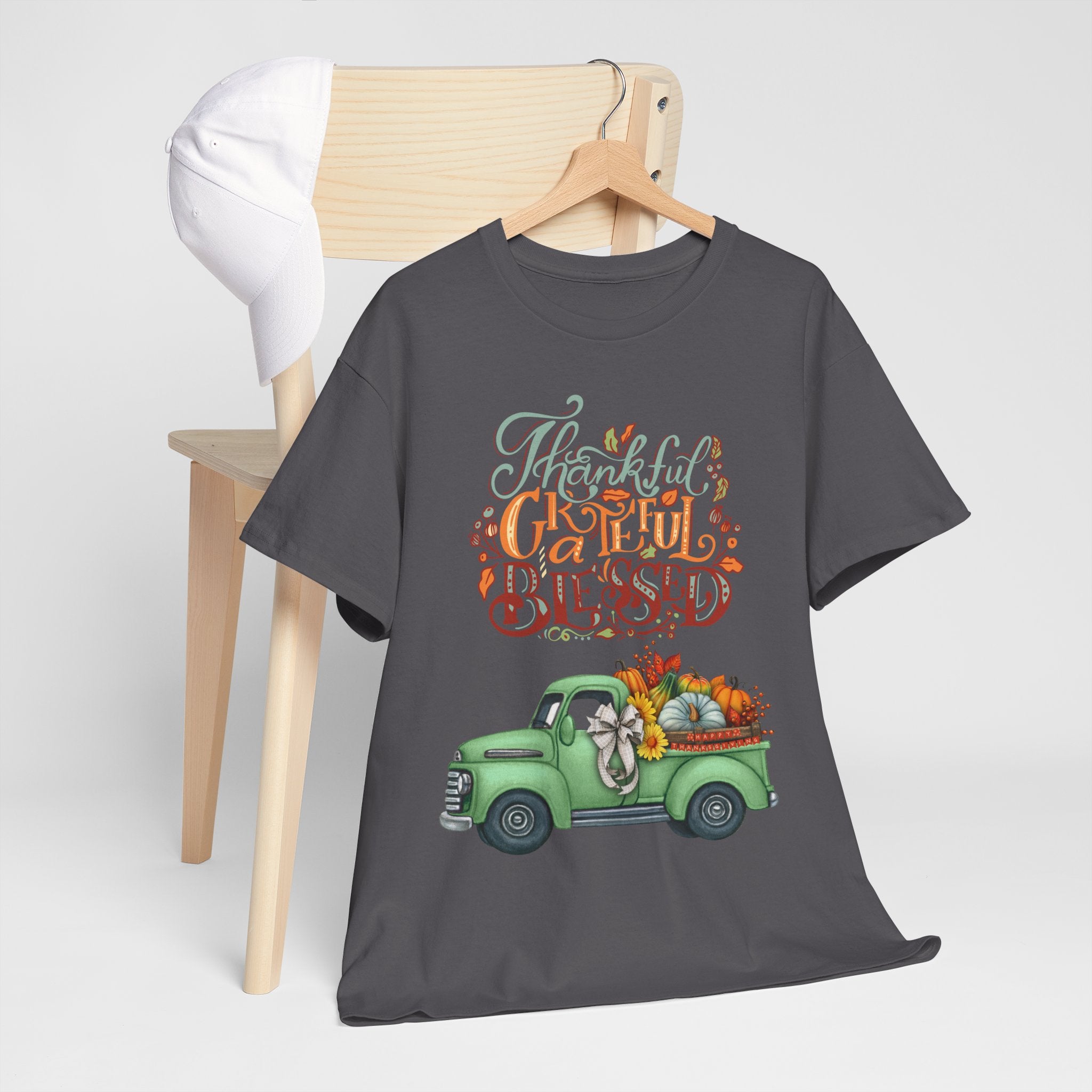 Thankful Grateful Blessed Tee, Unisex Heavy Cotton T-Shirt, Fall Apparel, Thanksgiving Shirt, Casual Wear, Gift for Friends