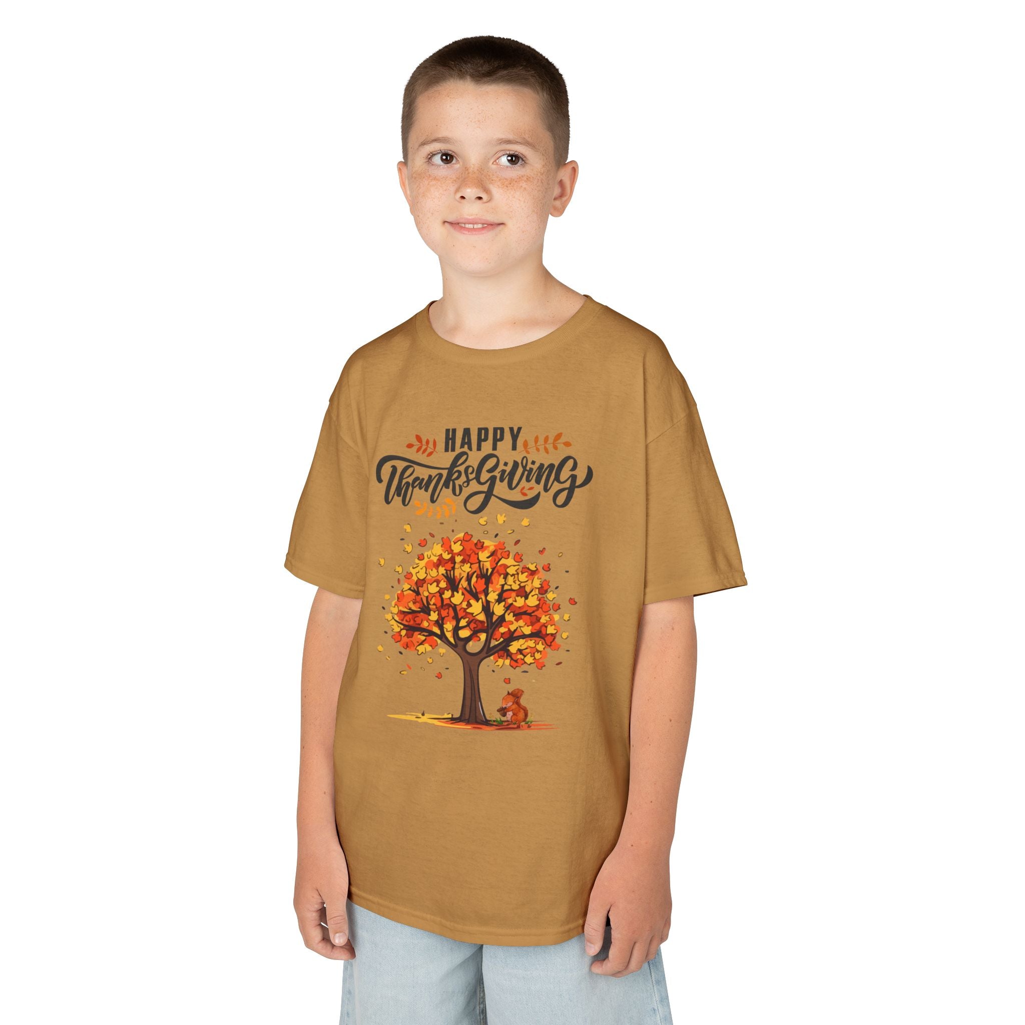 Happy Thanksgiving Kids Tee, Fall T-Shirt, Autumn Apparel, Festive Gift, Holiday Outfit, Tree and Leaves Design