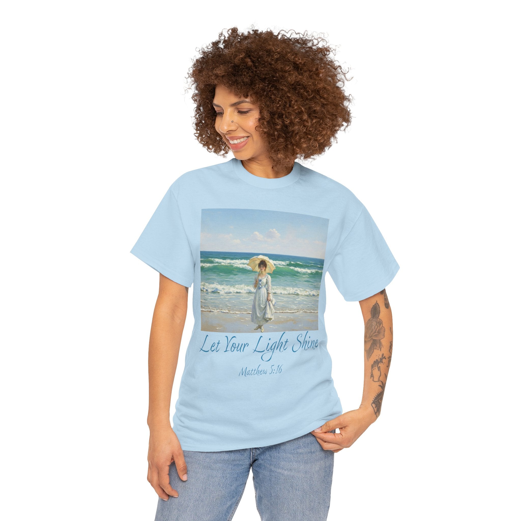 Let Your Light Shine- A Figure with a Parasol-Monet Style- Unisex Cotton Tee, Beach Vibes Shirt, Inspirational Summer Tee, Casual Gift for Her, Perfect for Days at the Shore