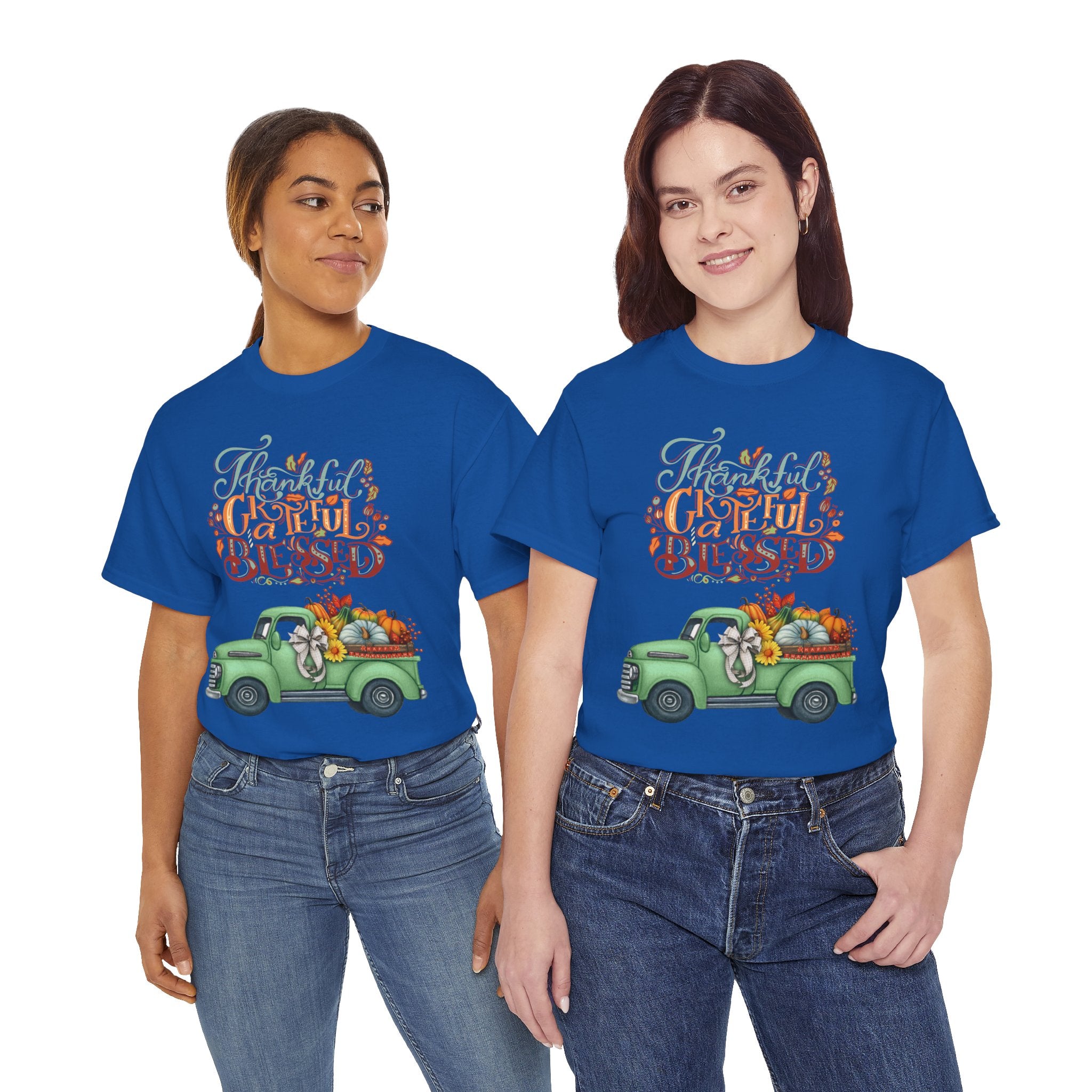 Thankful Grateful Blessed Tee, Unisex Heavy Cotton T-Shirt, Fall Apparel, Thanksgiving Shirt, Casual Wear, Gift for Friends