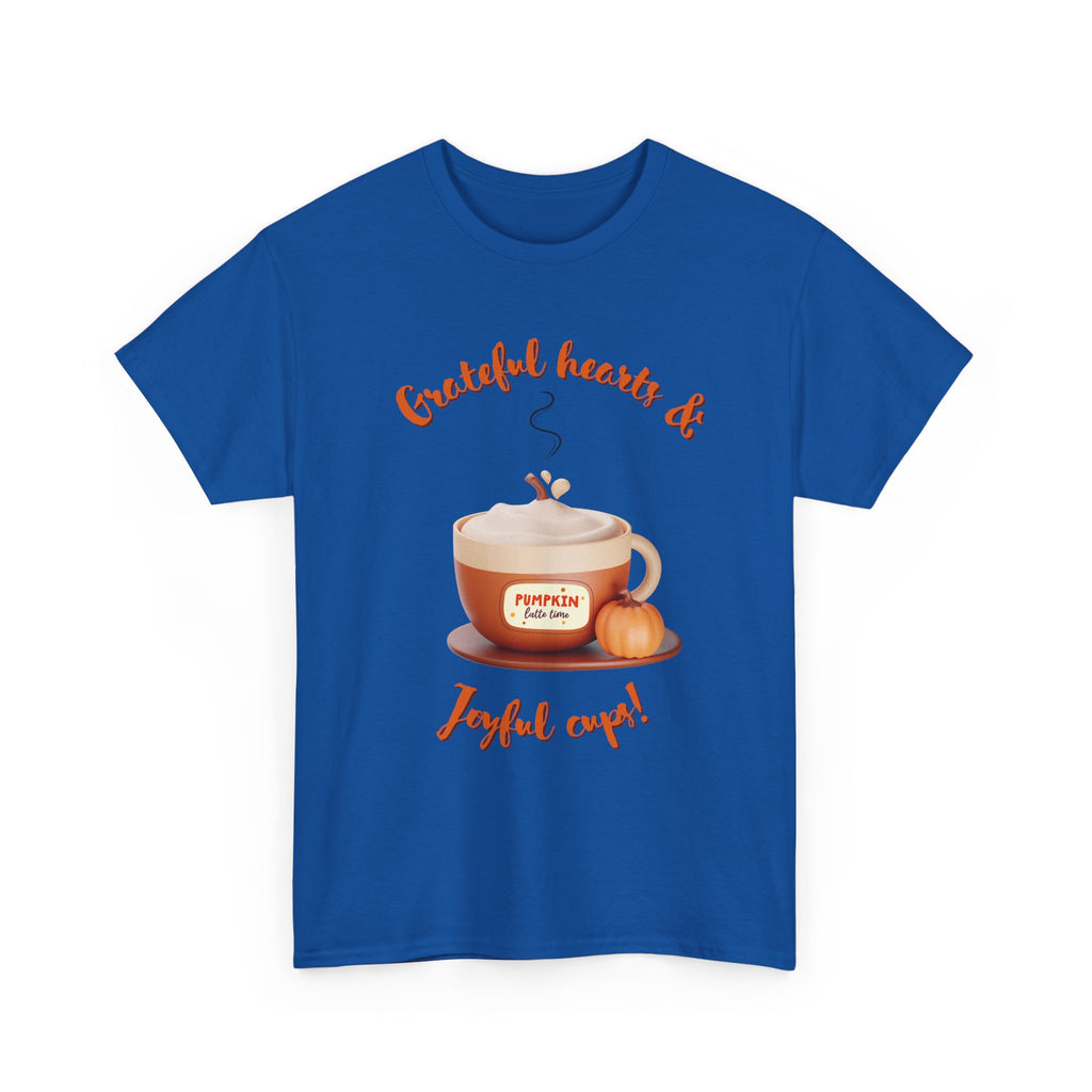 Happy Thanksgiving- Grateful Hearts & Joyful Cups Unisex Tee, Cozy Fall T-Shirt, Thanksgiving Gift, Coffee Lover Apparel, Autumn Fashion