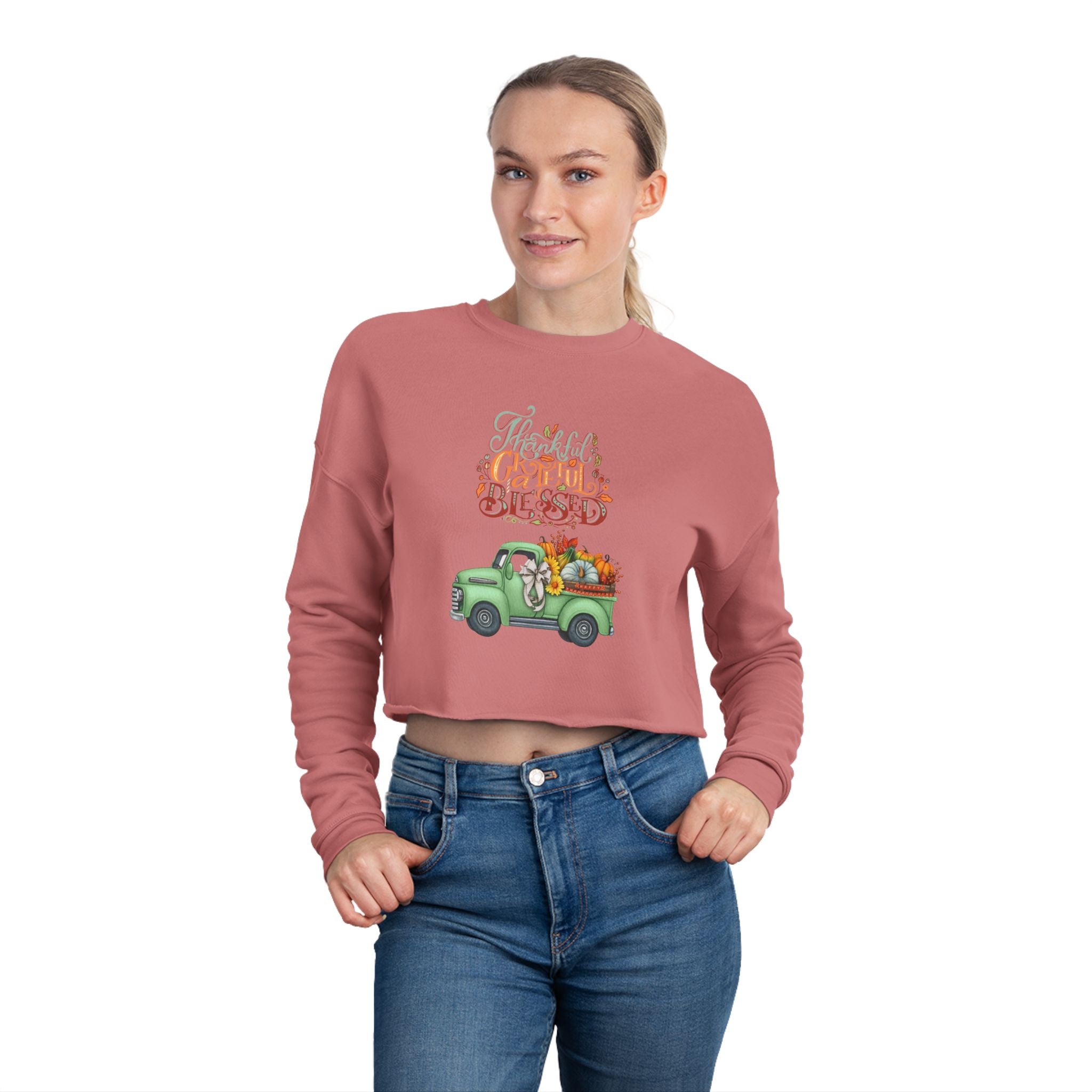 Thankful Vibes Cropped Sweatshirt with Pumpkin Truck, Women's Fall Apparel, Cozy Sweatshirt, Holiday Gift, Thanksgiving Outfit (Different design upon request.)