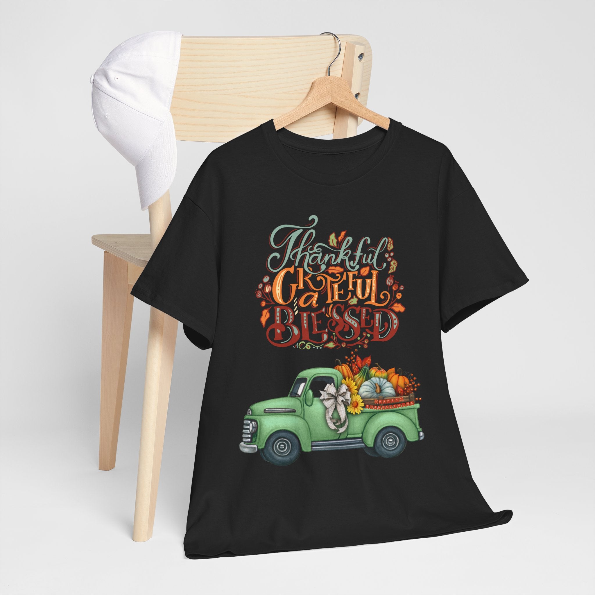 Thankful Grateful Blessed Tee, Unisex Heavy Cotton T-Shirt, Fall Apparel, Thanksgiving Shirt, Casual Wear, Gift for Friends