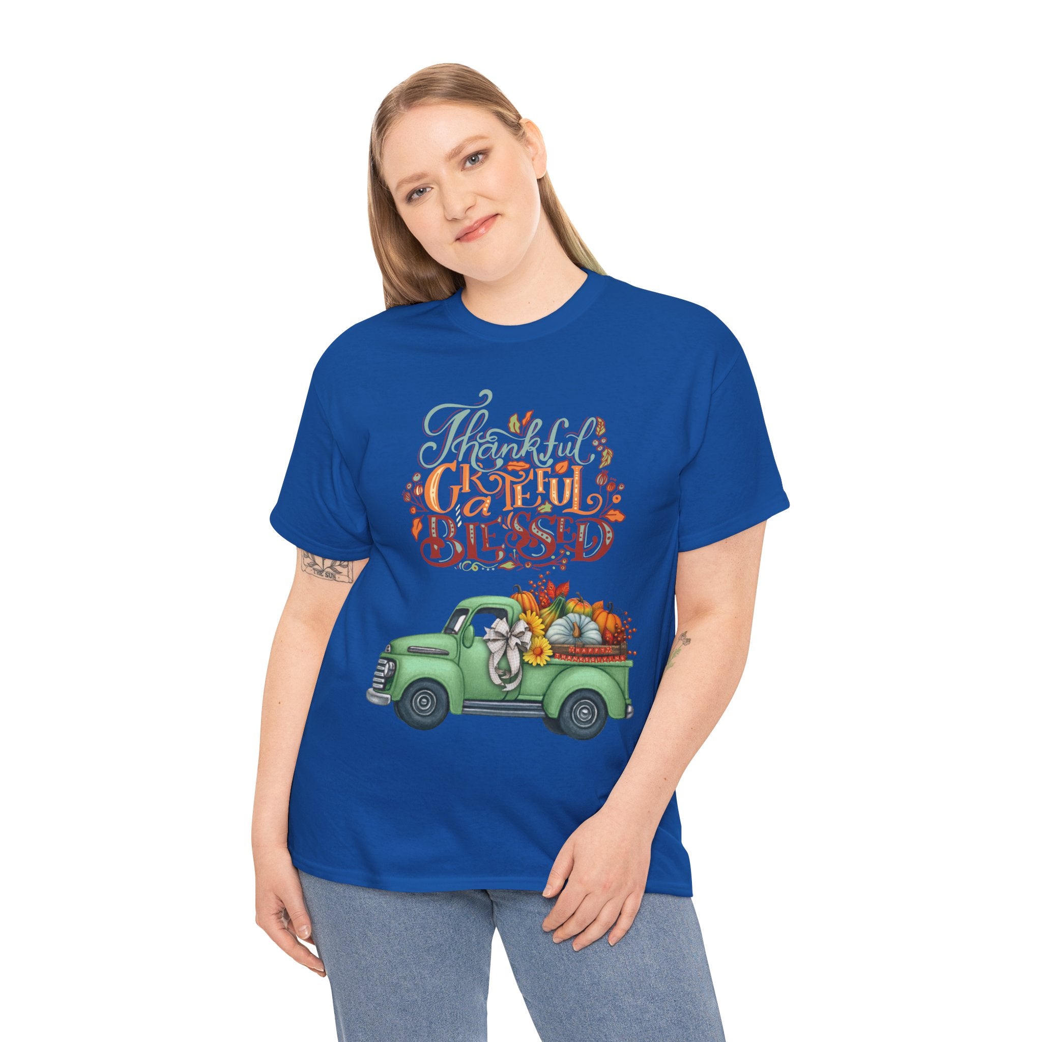 Thankful Grateful Blessed Tee, Unisex Heavy Cotton T-Shirt, Fall Apparel, Thanksgiving Shirt, Casual Wear, Gift for Friends