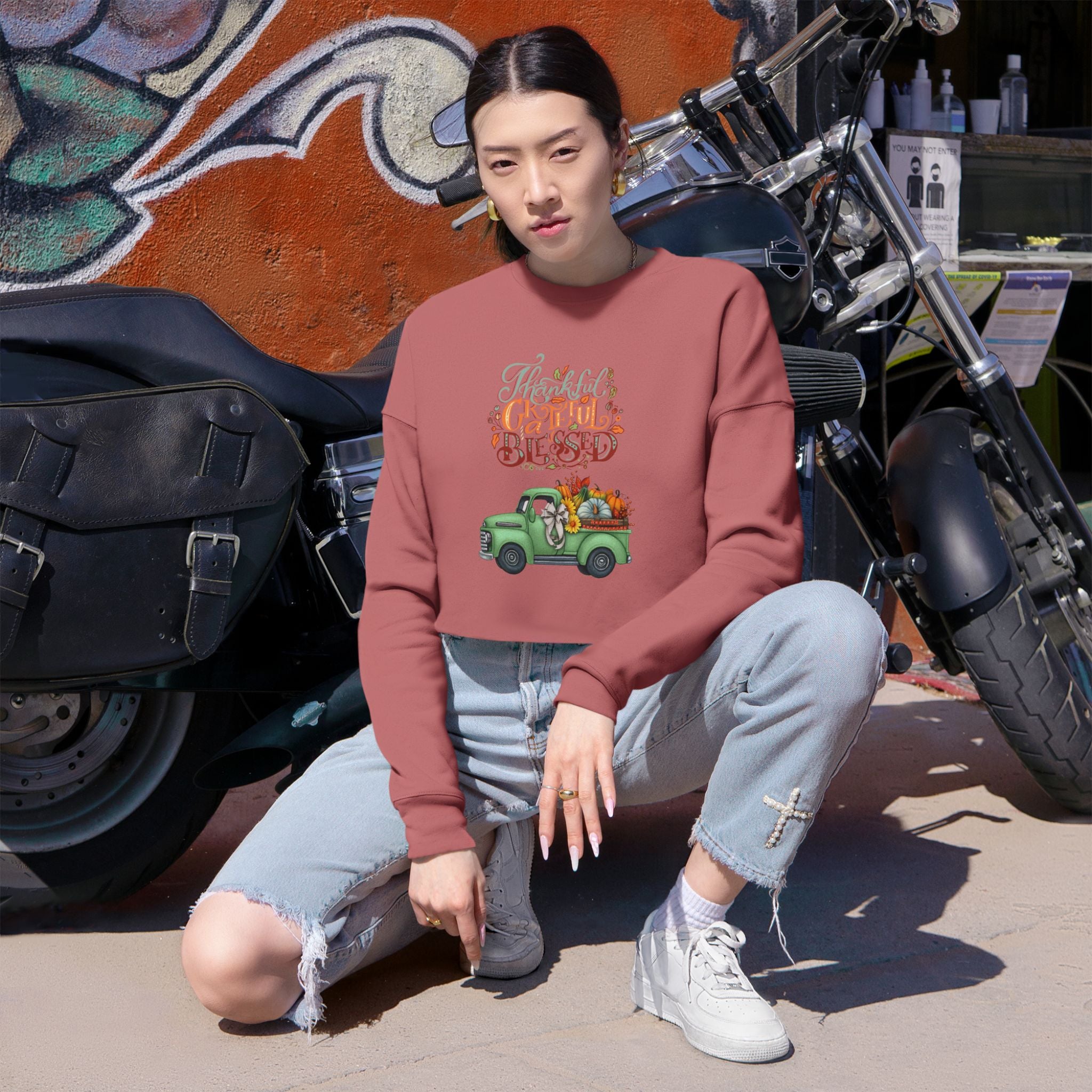 Thankful Vibes Cropped Sweatshirt with Pumpkin Truck, Women's Fall Apparel, Cozy Sweatshirt, Holiday Gift, Thanksgiving Outfit (Different design upon request.)