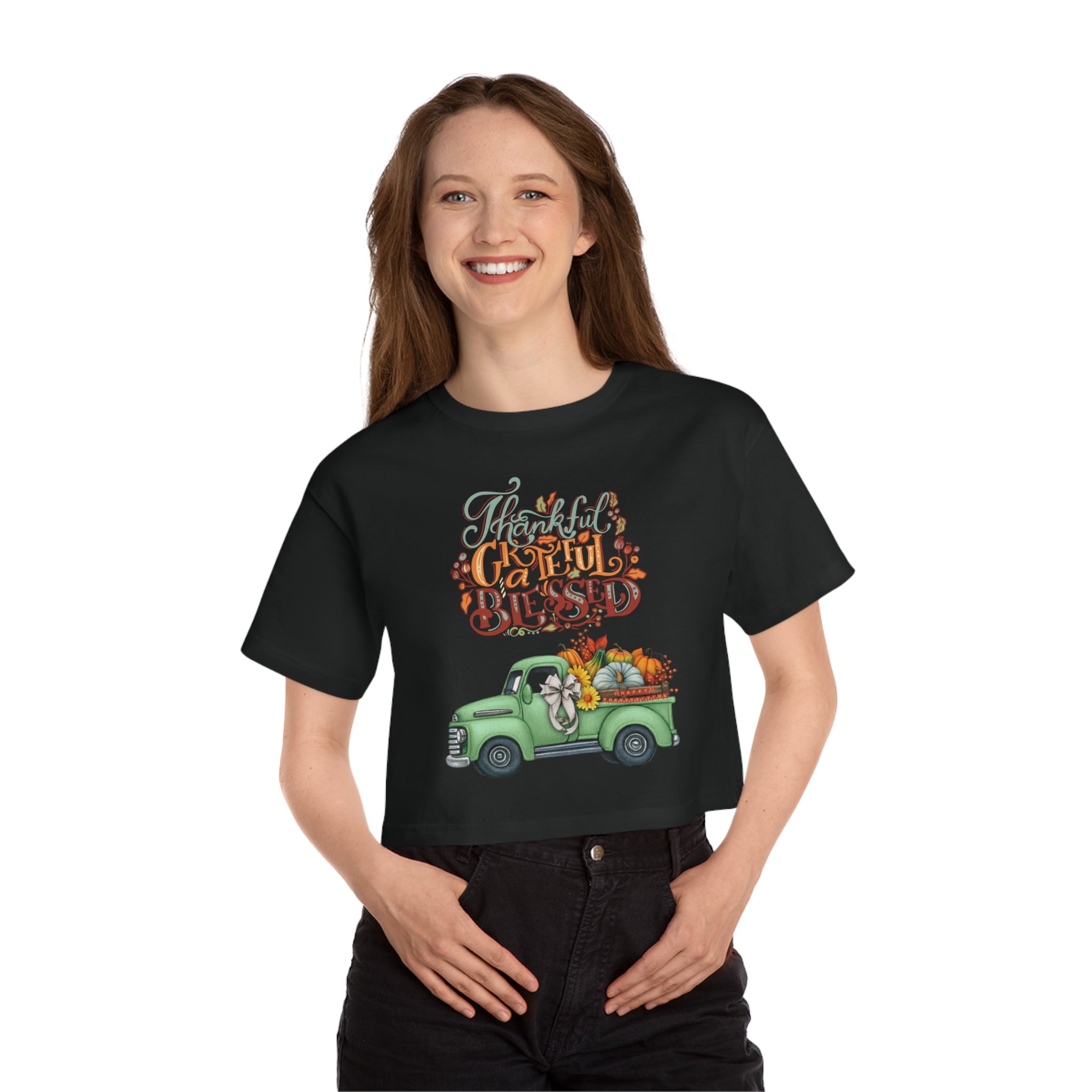 Thankful Grateful Blessed Cropped T-Shirt | Fall Fashion, Harvest Style, Gift for Women, Casual Chic, Autumn Apparel