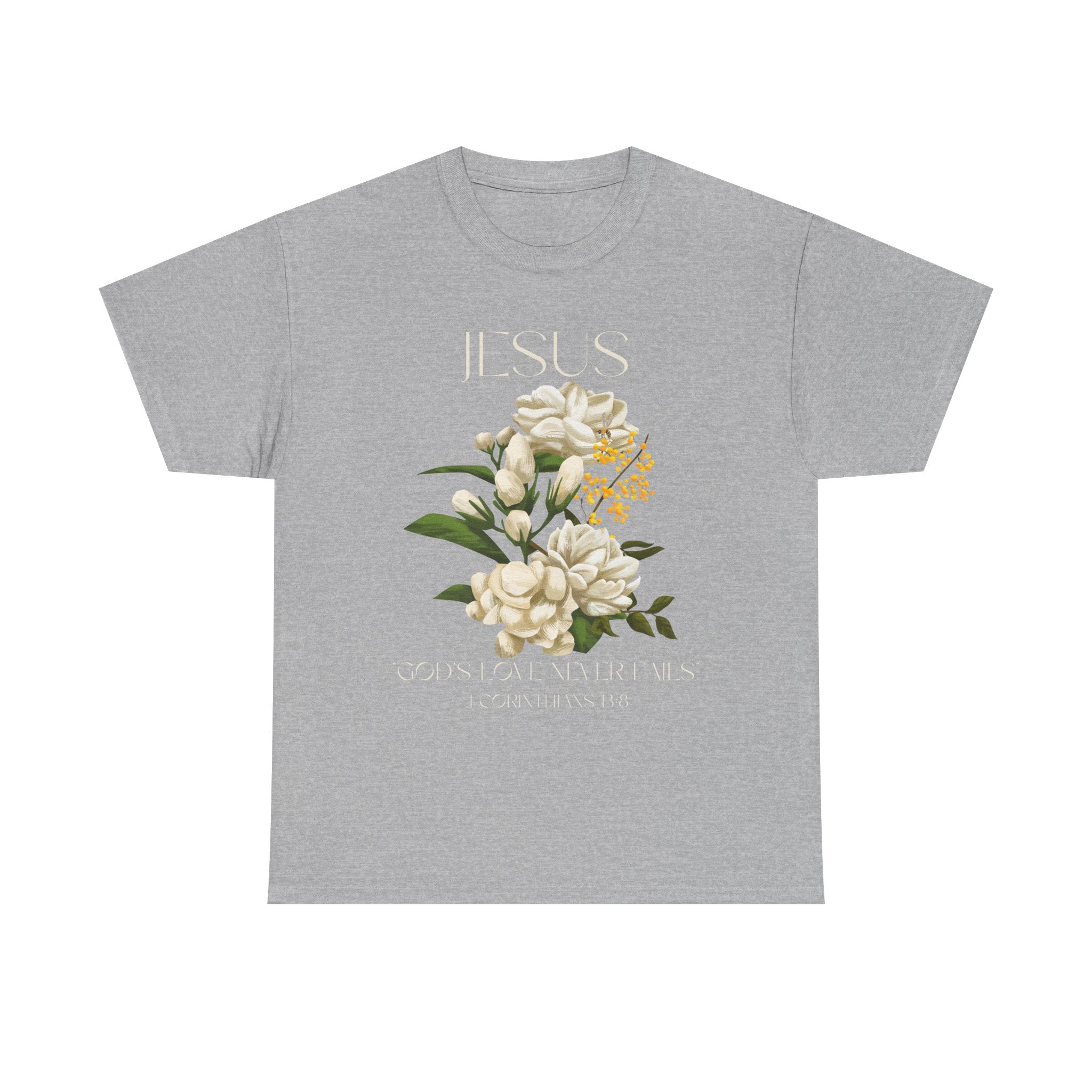Floral Jesus-God's love never fails- Graphic Tee | Unisex Cotton T-Shirt for Faith & Inspiration, Ideal for Gifts, Casual Wear, Church Events, and Celebrations