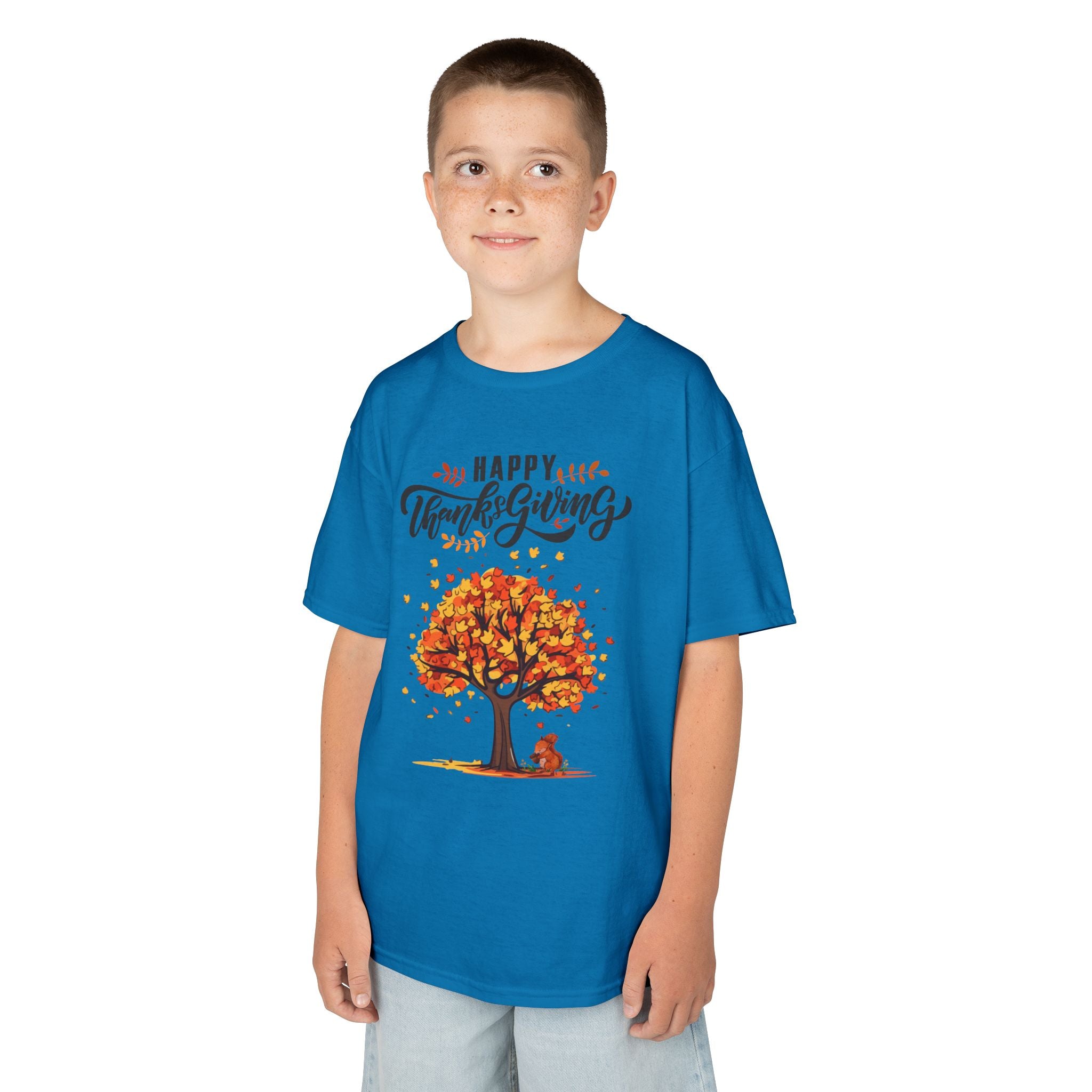 Happy Thanksgiving Kids Tee, Fall T-Shirt, Autumn Apparel, Festive Gift, Holiday Outfit, Tree and Leaves Design