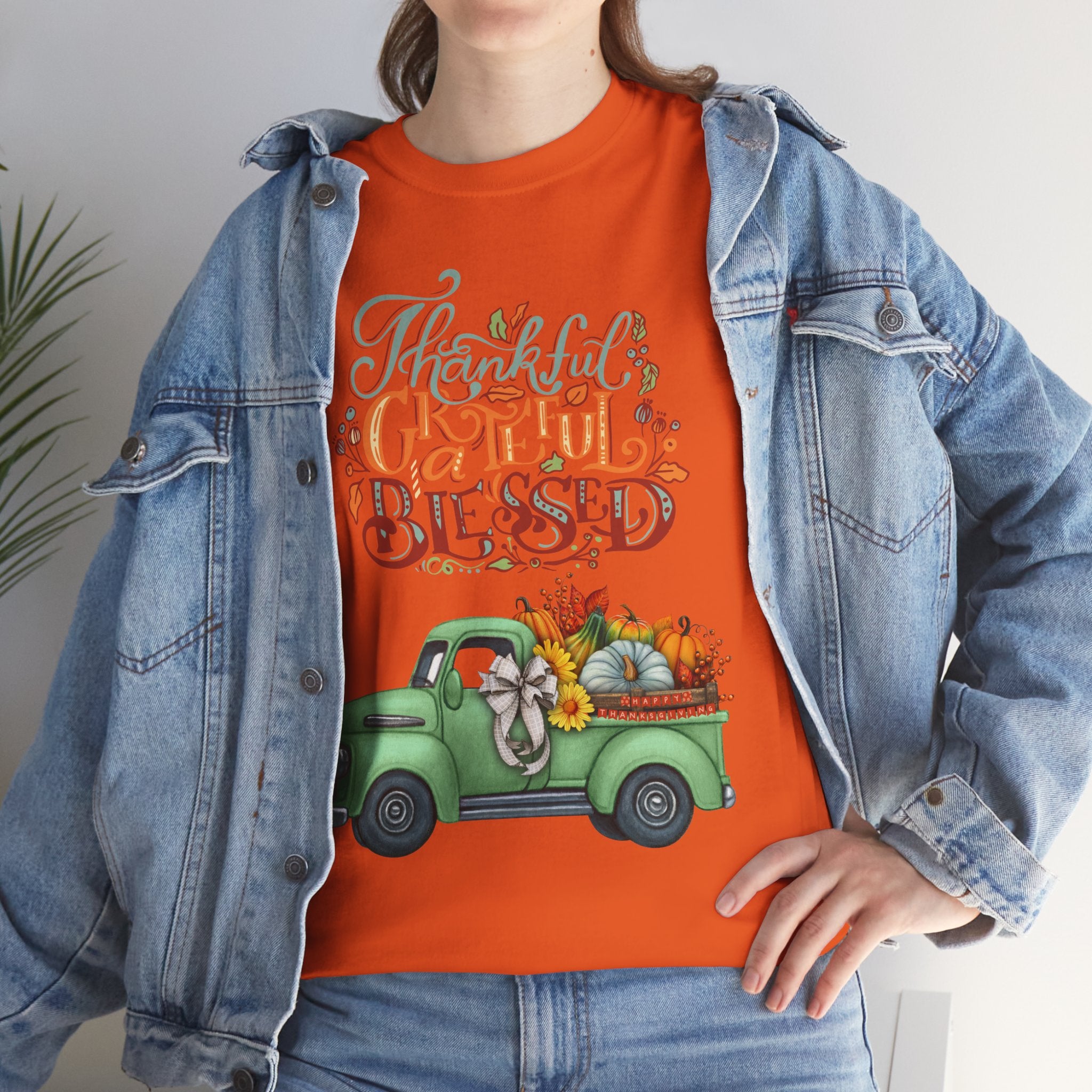 Thankful Grateful Blessed Tee, Unisex Heavy Cotton T-Shirt, Fall Apparel, Thanksgiving Shirt, Casual Wear, Gift for Friends