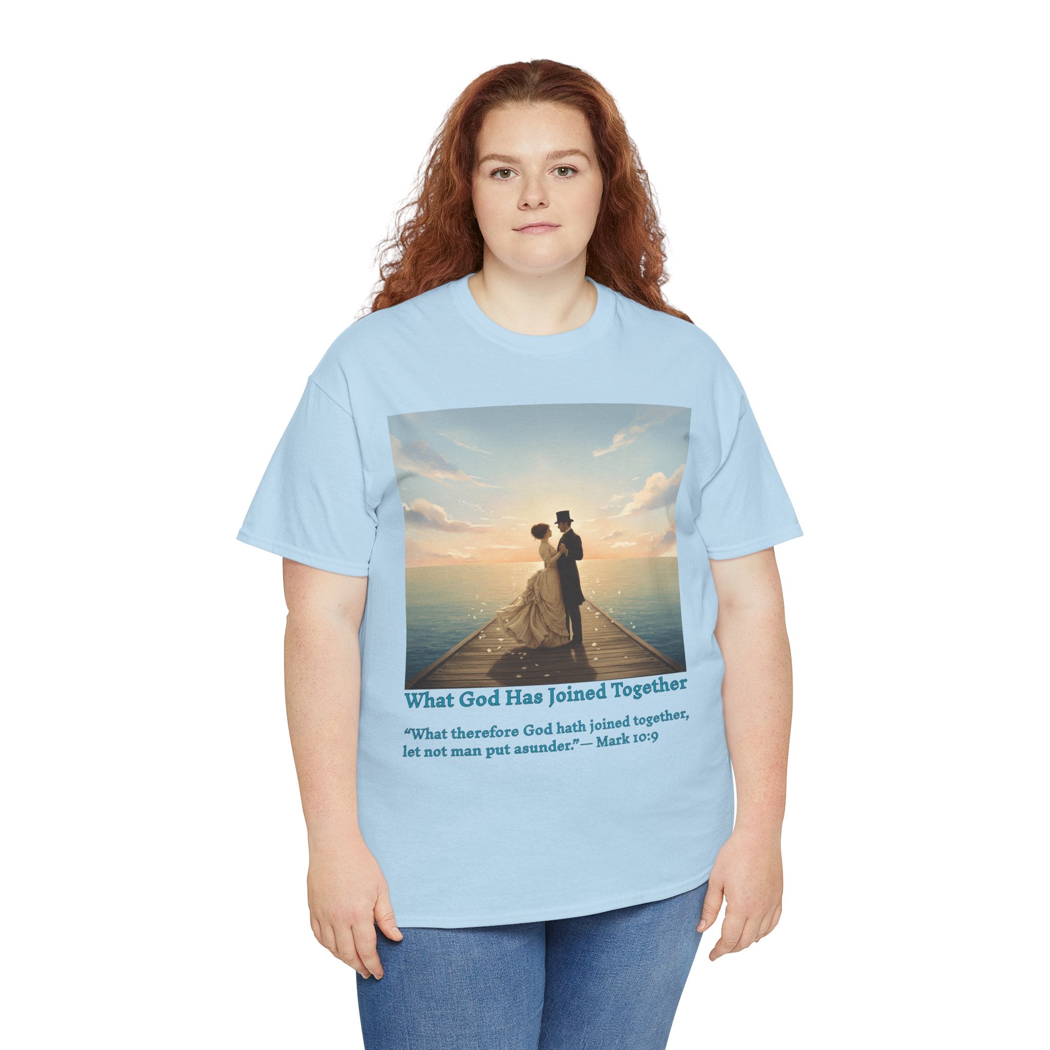Romantic couple on a pier at sunset — inspired by Jack Vettriano-Wedding Quote T-Shirt, Unisex Heavy Cotton Tee, Casual Wear, Gift for Newlyweds, Bride & Groom Apparel, Anniversary Gift