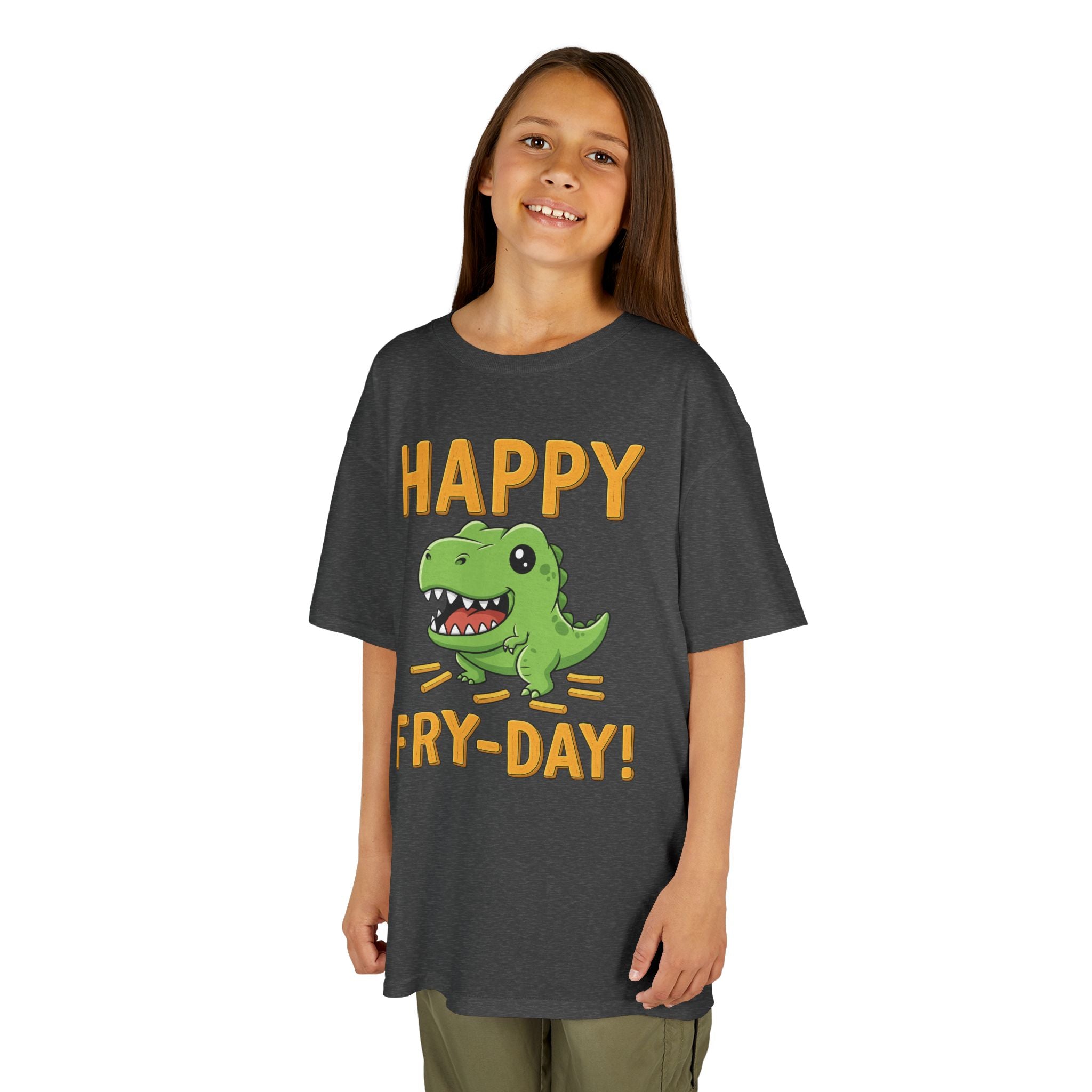 Happy Fry-Day Kids Tee, Fun Dinosaur T-Shirt, Kids Cotton Shirt, Birthday Gift, Everyday Wear, Summer Fun, Playful Tee