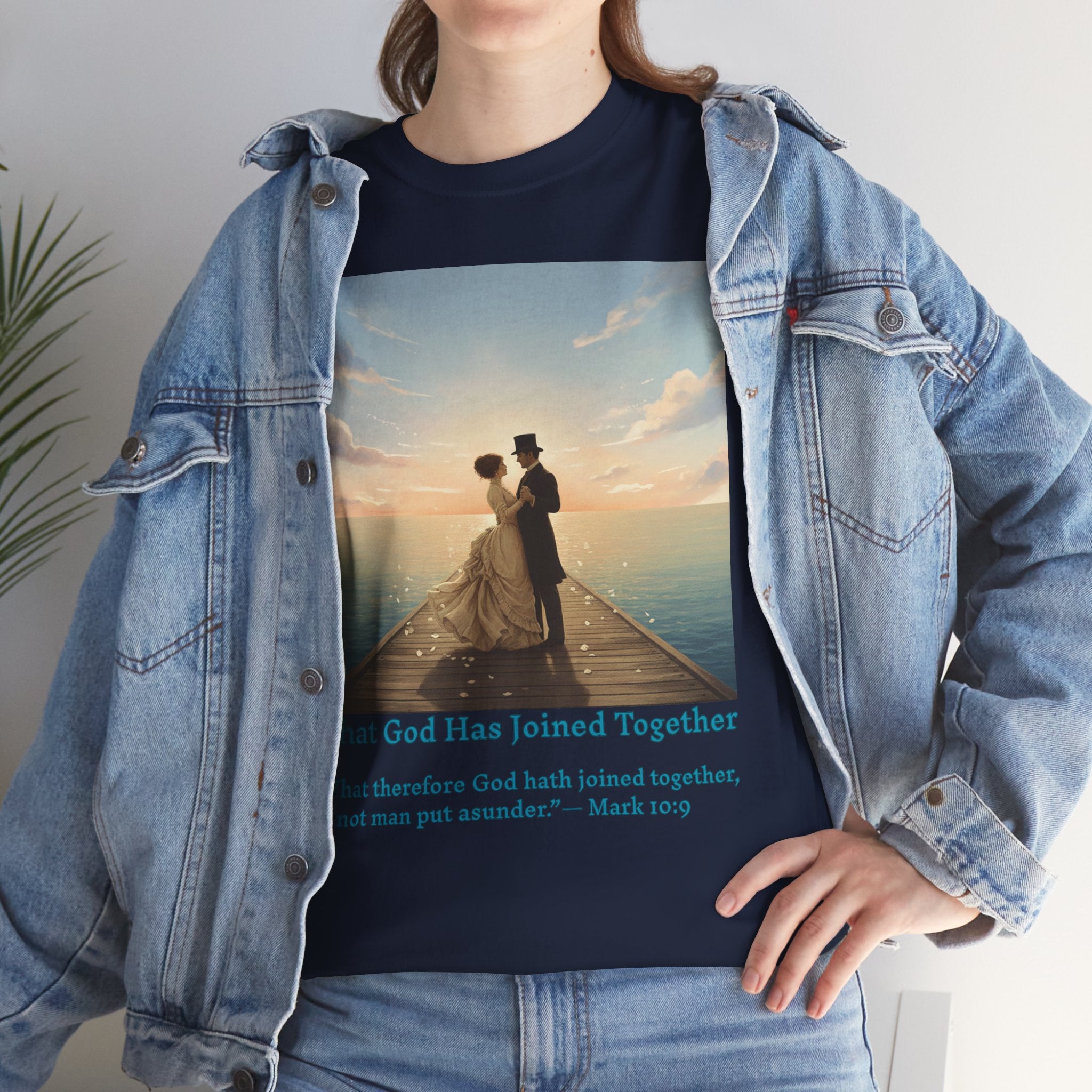 Romantic couple on a pier at sunset — inspired by Jack Vettriano-Wedding Quote T-Shirt, Unisex Heavy Cotton Tee, Casual Wear, Gift for Newlyweds, Bride & Groom Apparel, Anniversary Gift