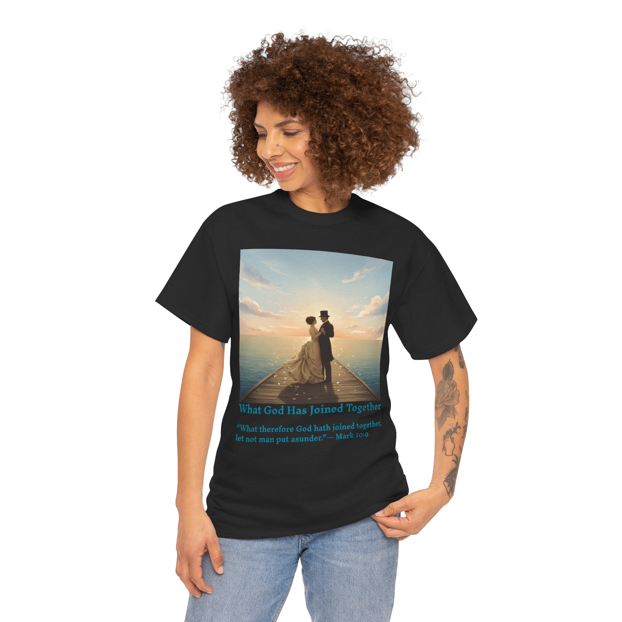 Romantic couple on a pier at sunset — inspired by Jack Vettriano-Wedding Quote T-Shirt, Unisex Heavy Cotton Tee, Casual Wear, Gift for Newlyweds, Bride & Groom Apparel, Anniversary Gift